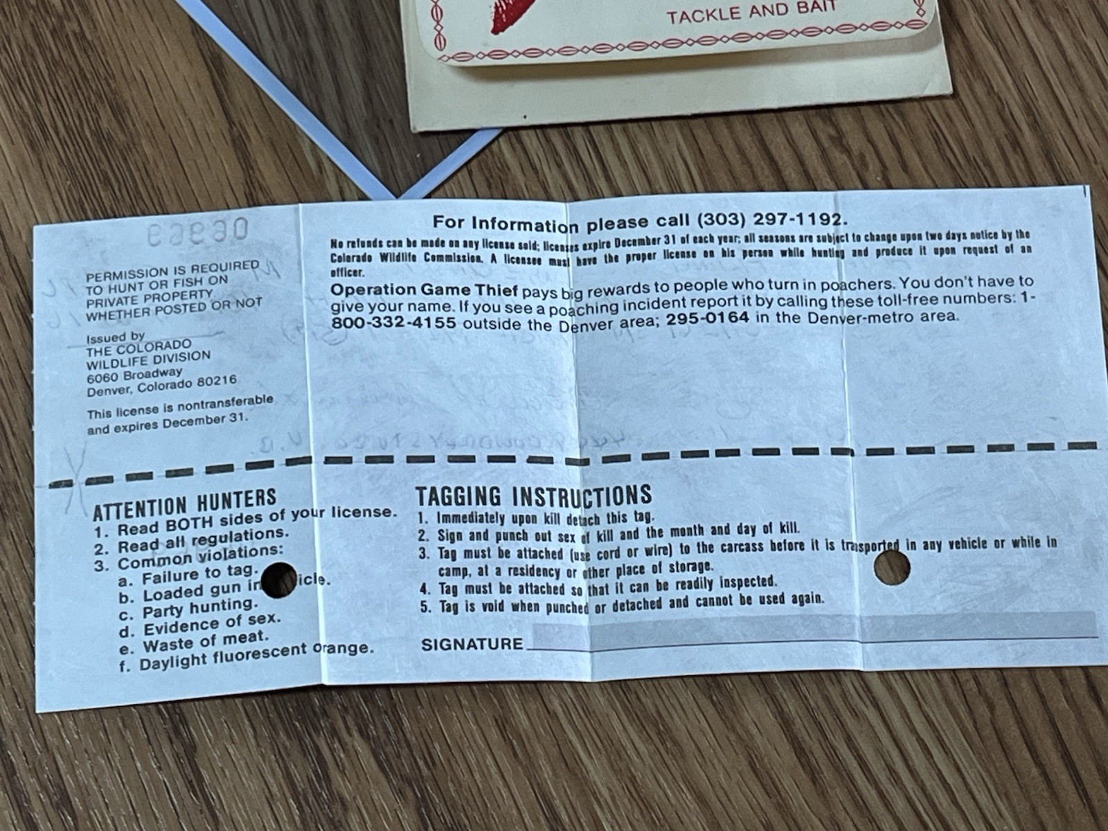 1987 COLORADO NON-RESIDENT ANTLERED ELK LICENSE Original Fee $210.00