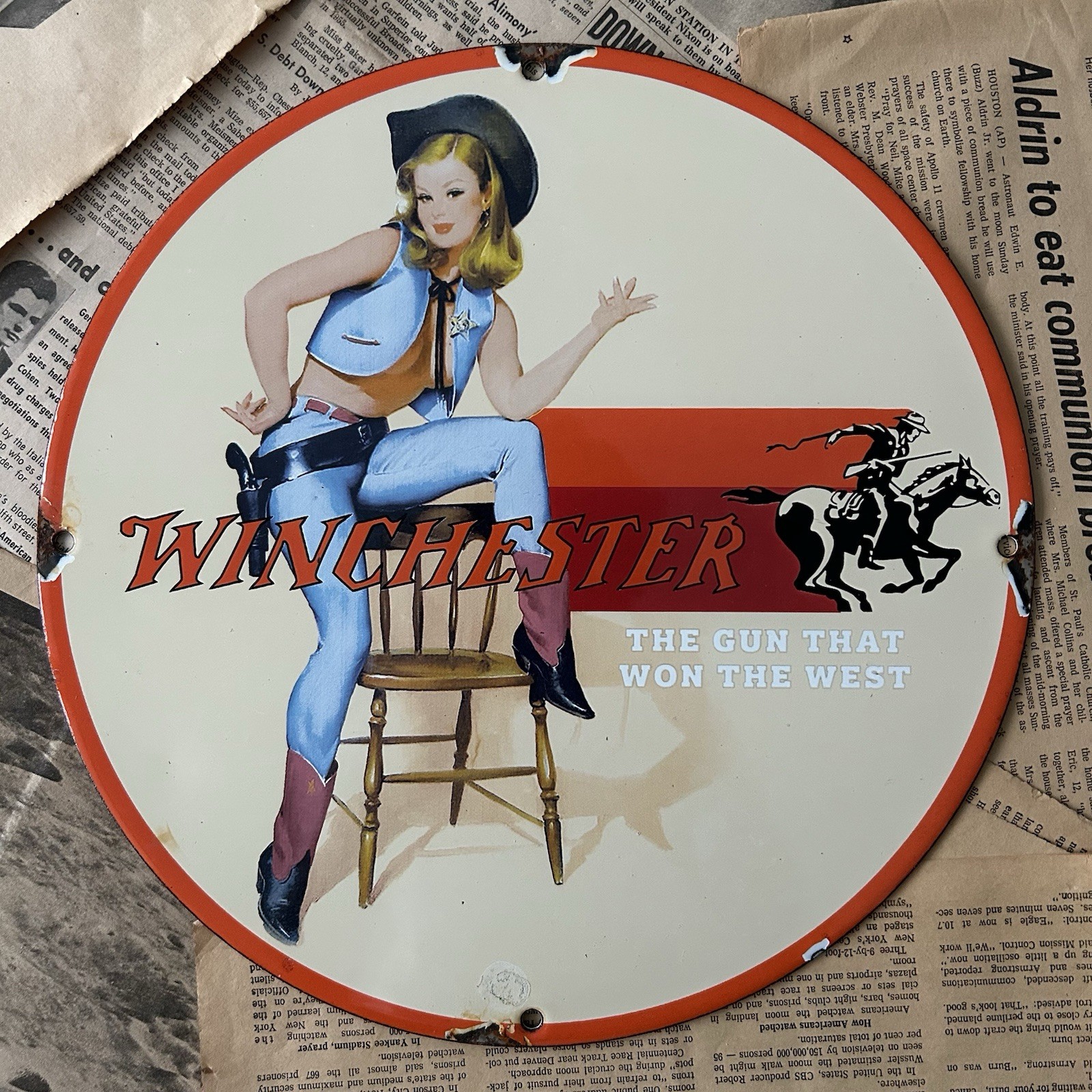 VINTAGE WINCHESTER FIREARMS HUNTING AMMO 12 INCH PORCELAIN ENAMEL SIGN