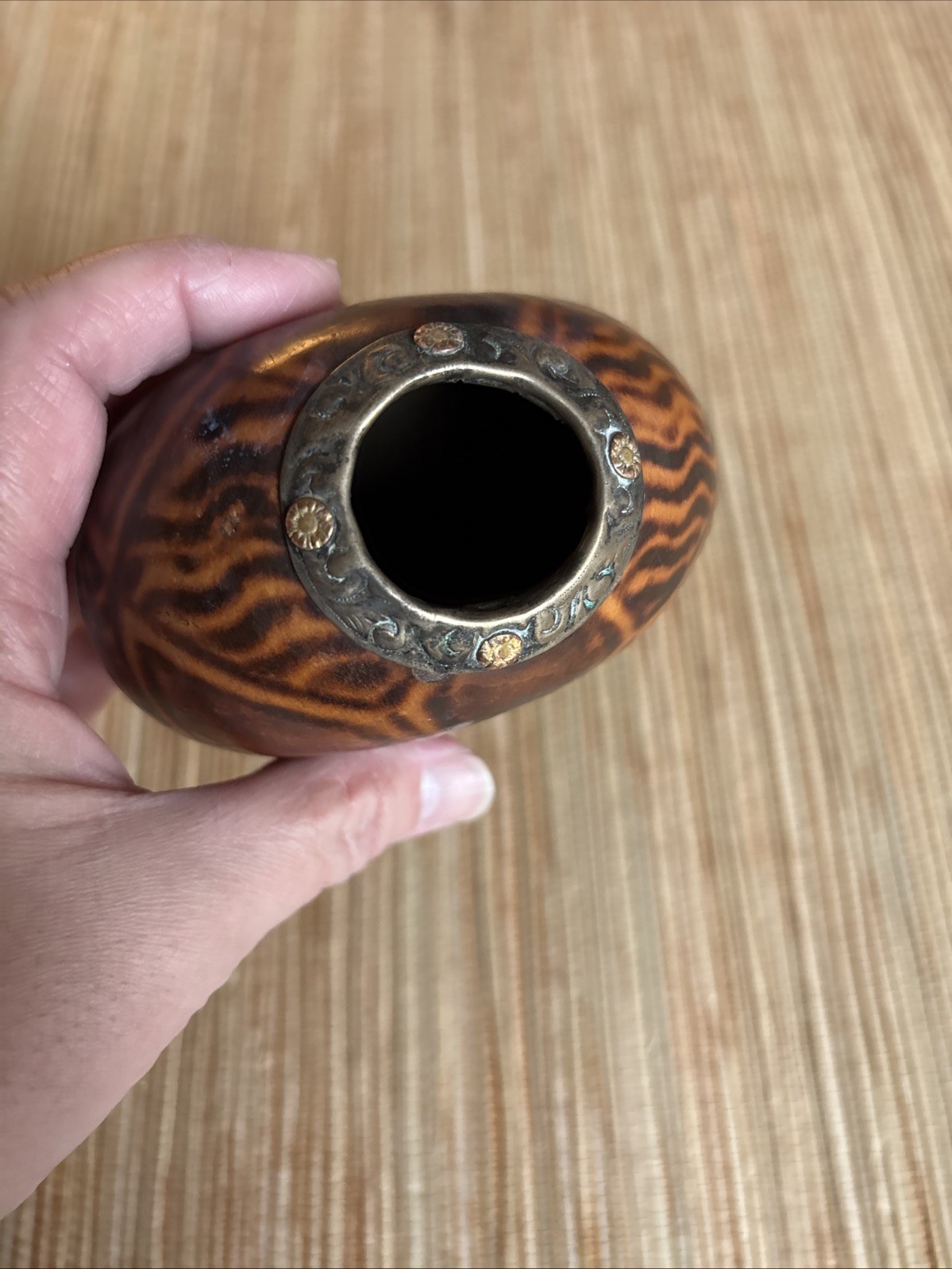 Vtg Galleta (Cookie Shape) Style Yerba Mate Gourd Silver & Gold Ferrule (Ring)