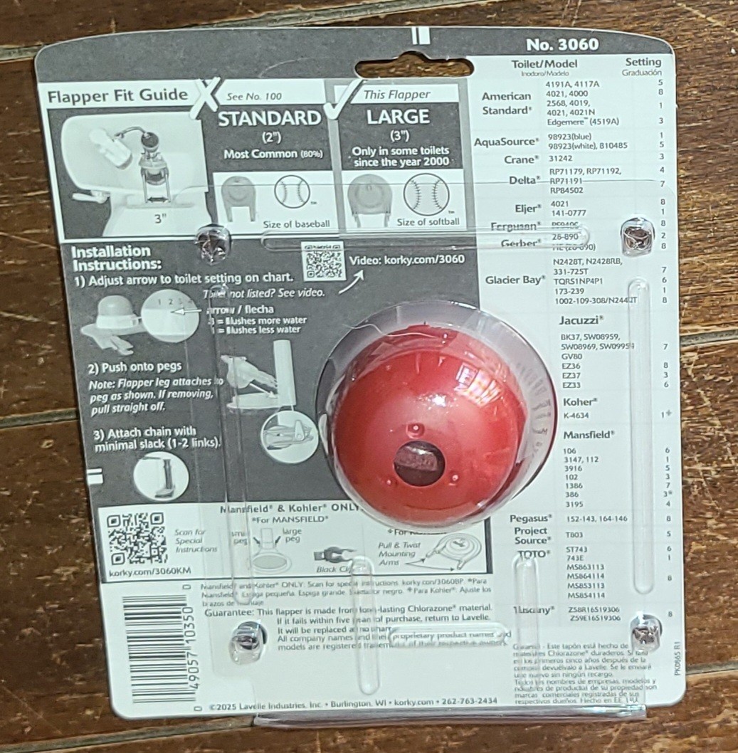 Korky 3" Universal Toilet Flapper & Chain Set- Item #3060