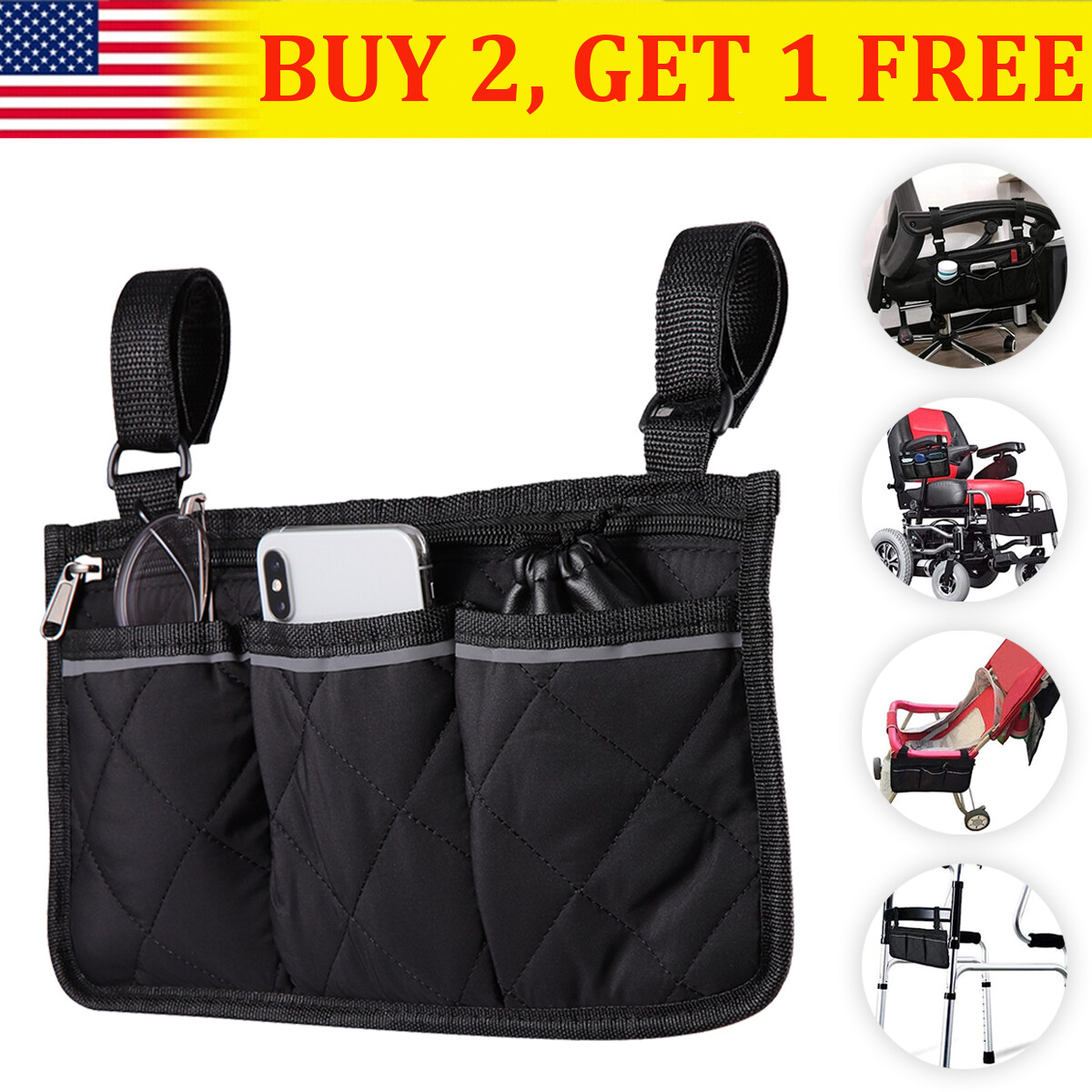 Wheelchair Side Bag Hang on Side Armrest Accessories Storage Pouch w/ Cup Holder
