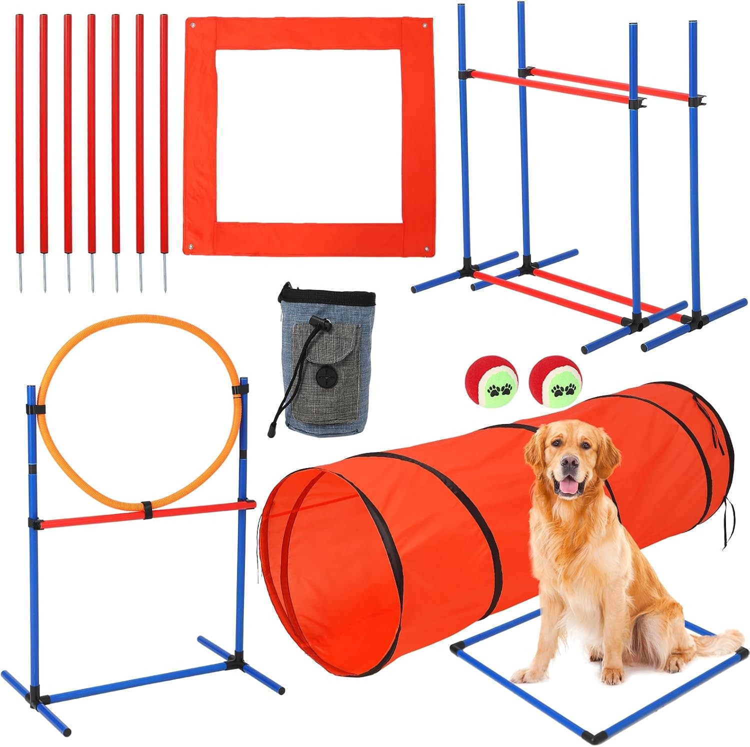 Dog Agility Training Kit Equipment with Tunnel,Adjustable Dog Hoop