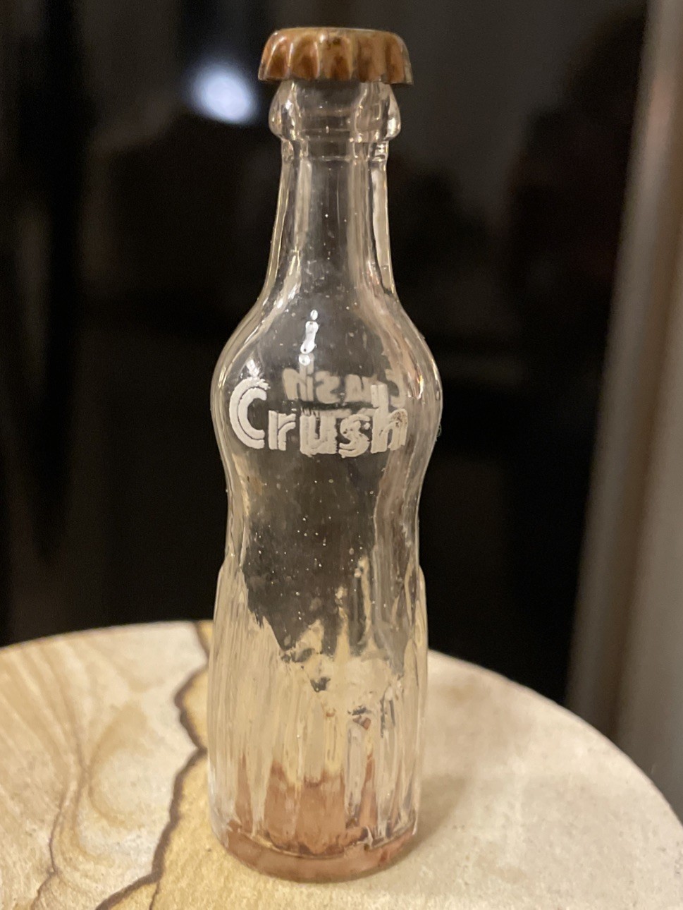 Vintage Miniature 3" Glass Orange Crush Bottle With Bottle Cap.