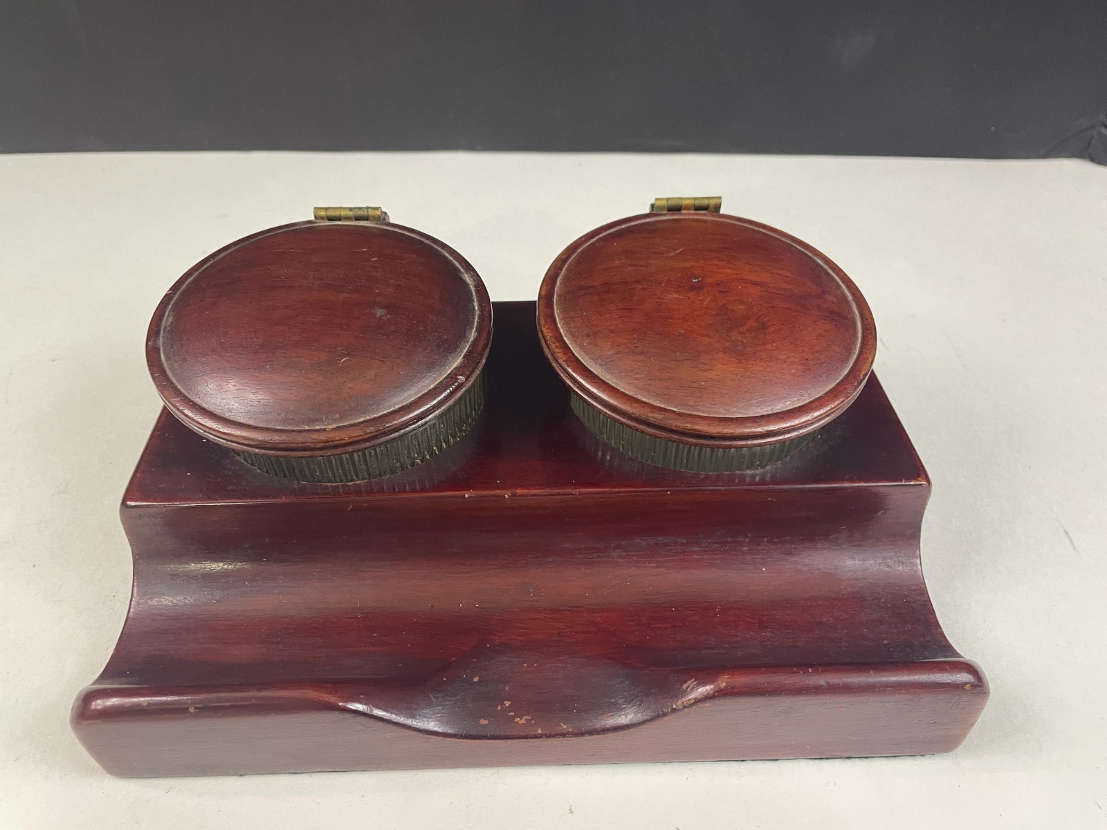 Antique Soennecken Mahogany & Brass Two Ink Table Inkwell ~ Germany