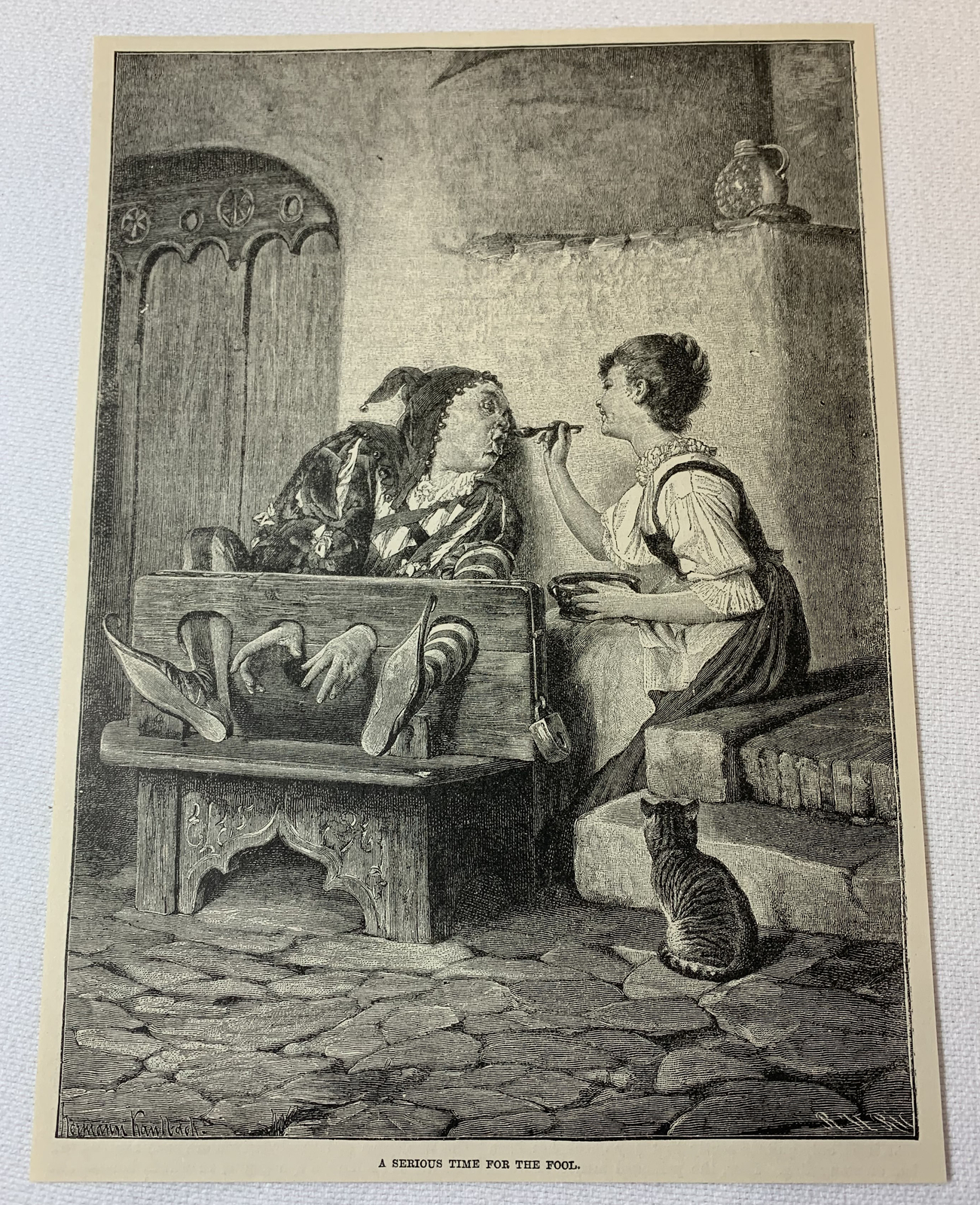 1885 magazine engraving ~ A SERIOUS TIME FOR THE FOOL being fed in stocks