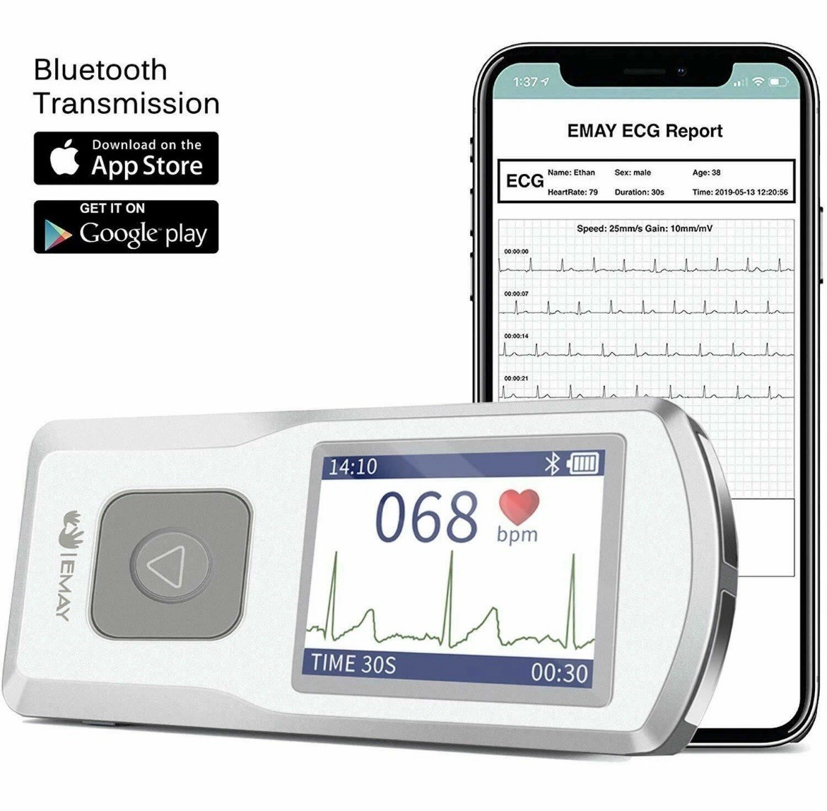 EMAY Bluetooth Portable ECG/EKG Monitor For iPhone & Android mac & Windows EMG20