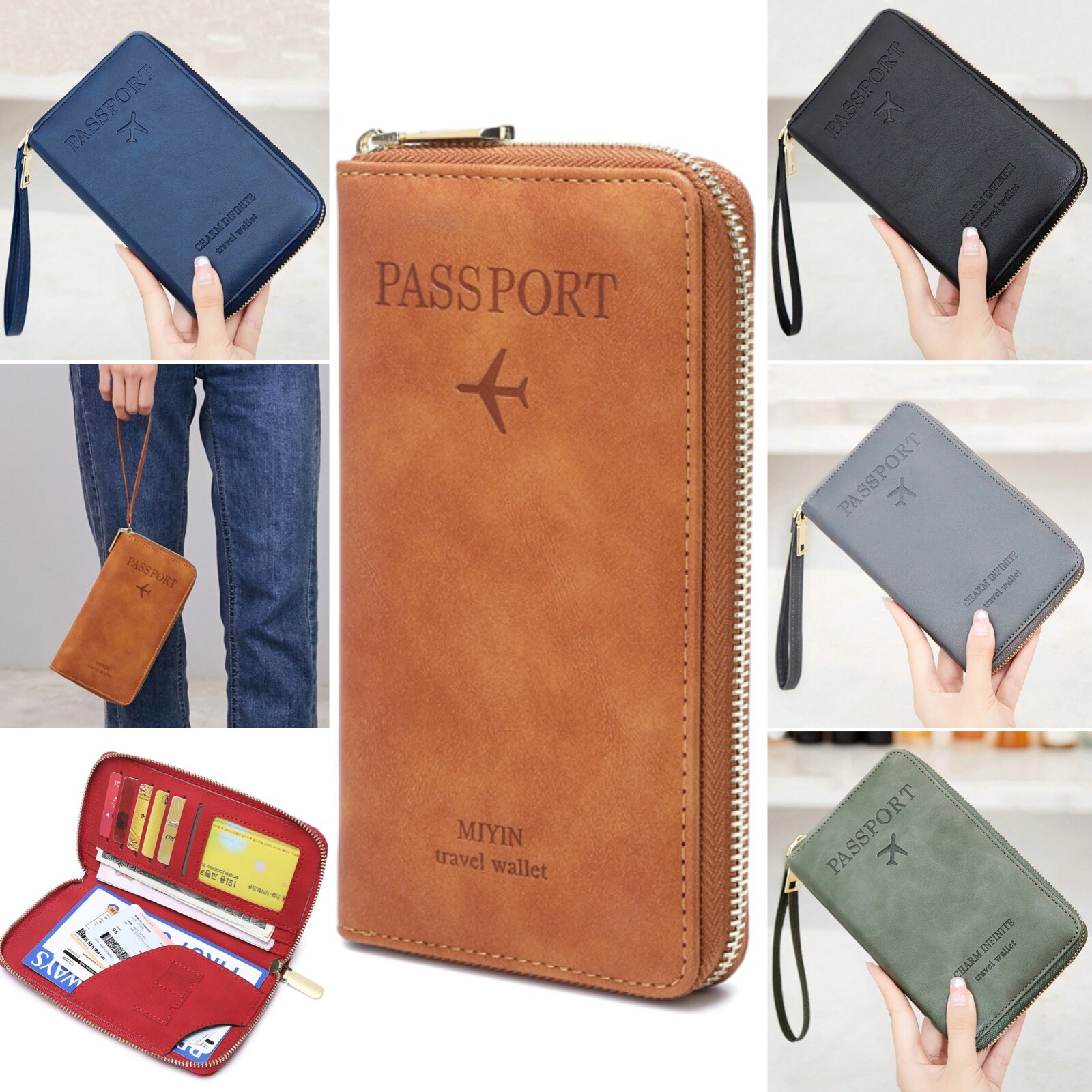 RFID Leather Travel Passport Case Cover Zipper Wallet Card Holder with Wristband