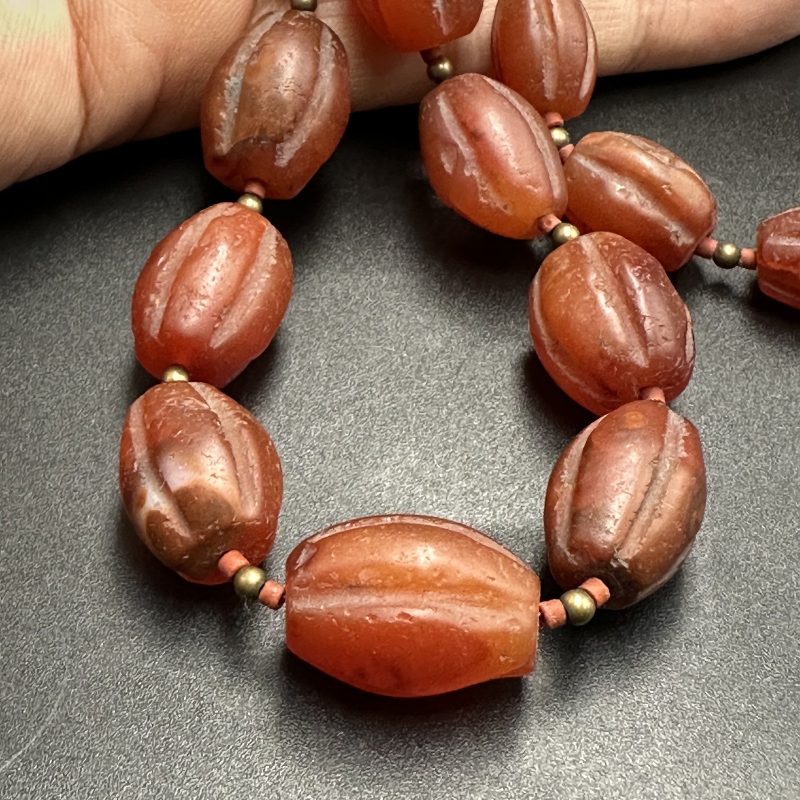 Vintage Himalayan Tibetan Carnelian Carved Agate Oval Shape Beads Necklace Mala