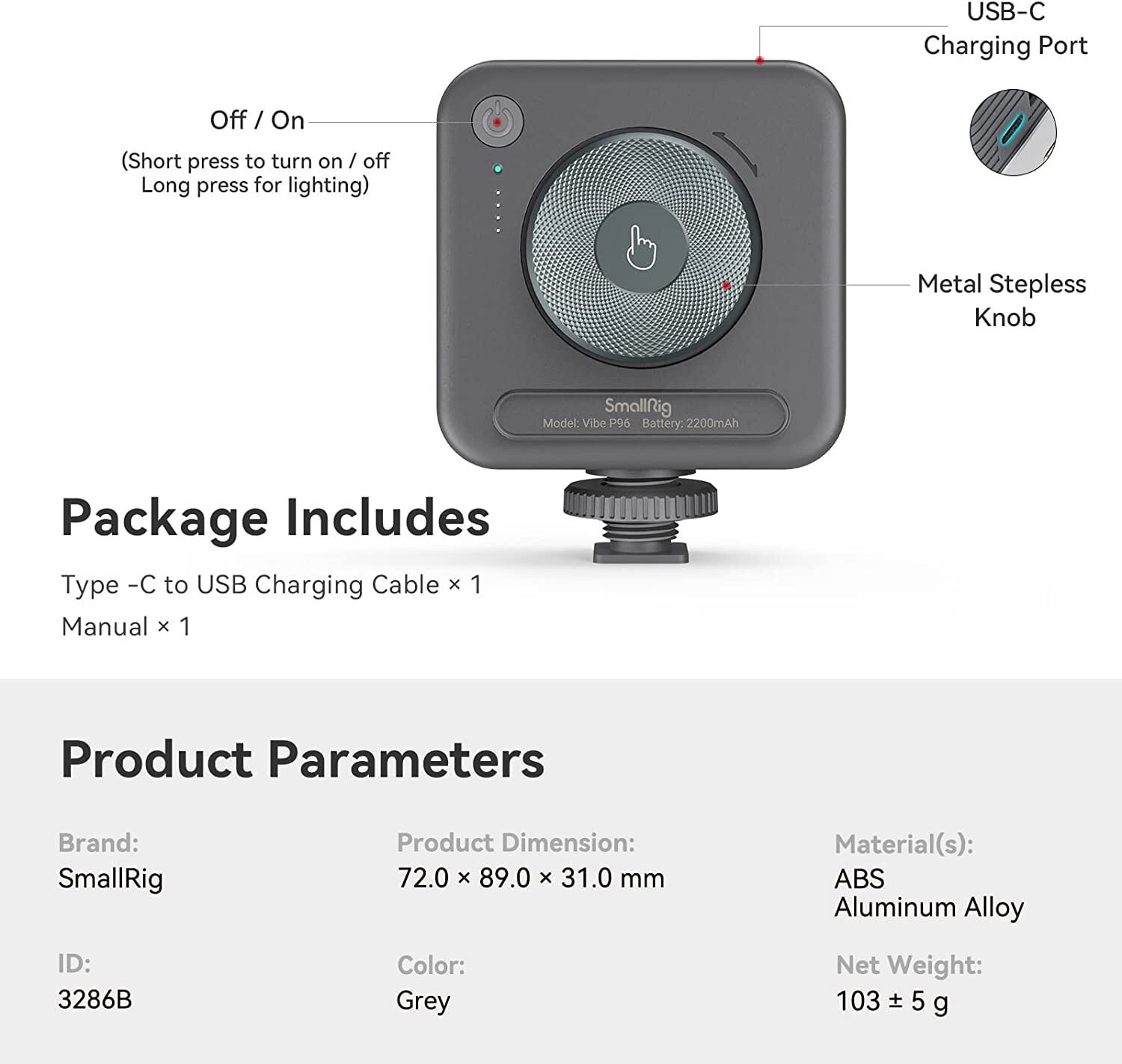 SmallRig P96 LED Video Light 2200mAh 2700-6500K Mini Vlog Camera / Phone Light