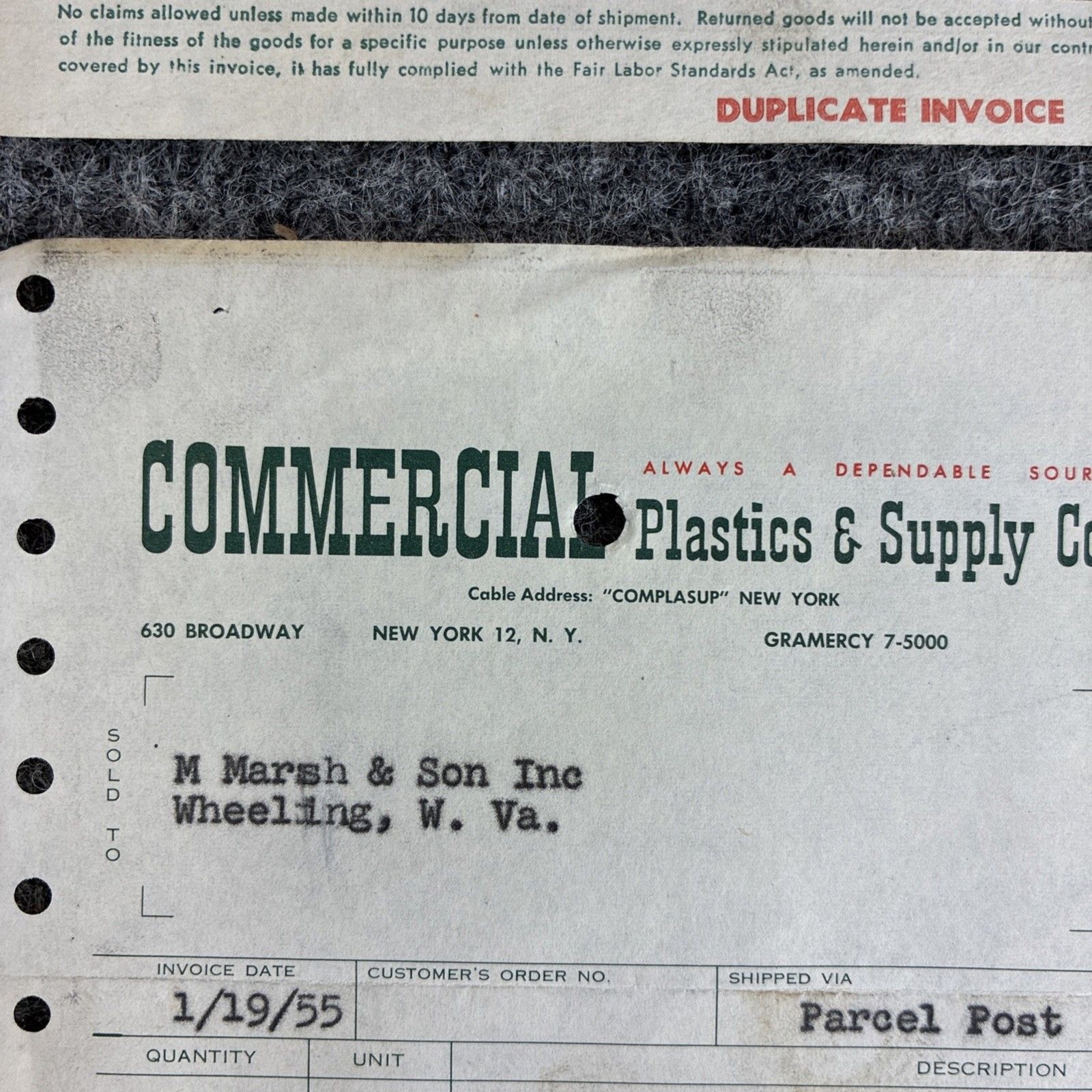 1955 & 1967 Commercial Plastics Invoices to M Marsh & Son Cigar Co Wheeling WV