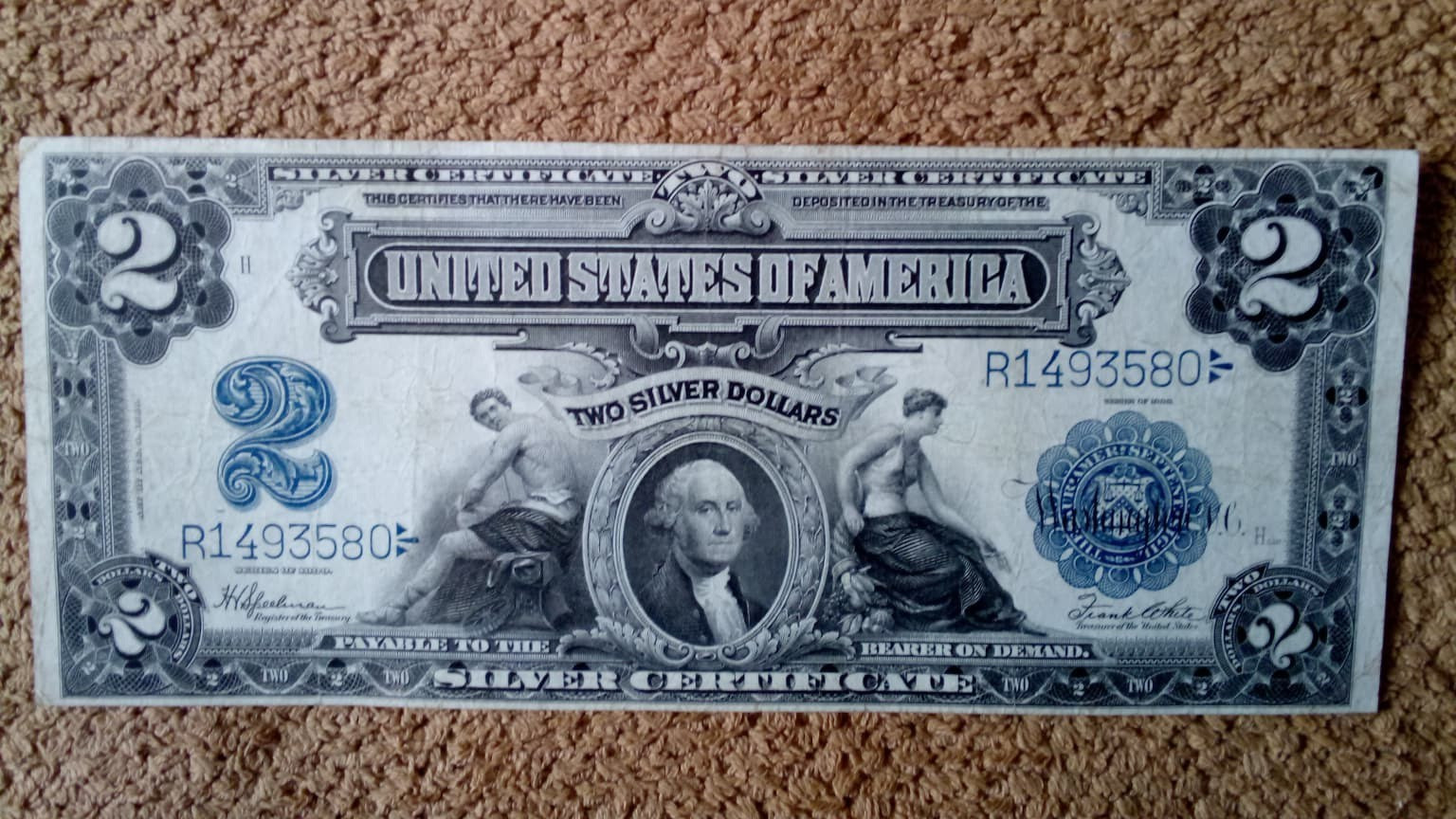 1899 $2 TWO DOLLAR SILVER CERTIFICATE BANKNOTE (NICKNAME OF MINI PORTHOLE), VF++