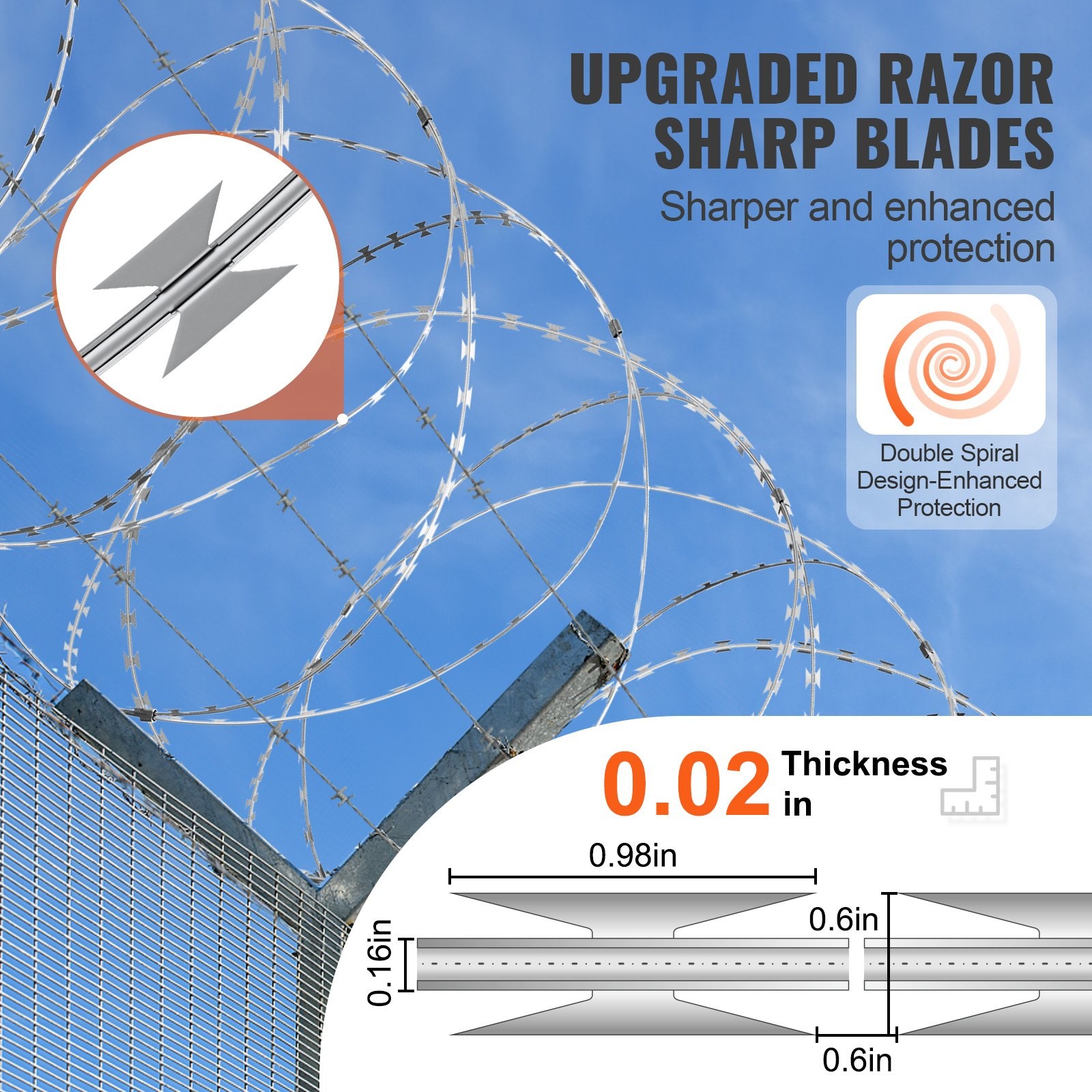 Galvanized Razor Wire, 3 Rolls Double Spiral Barbed Fencing for Garden Security