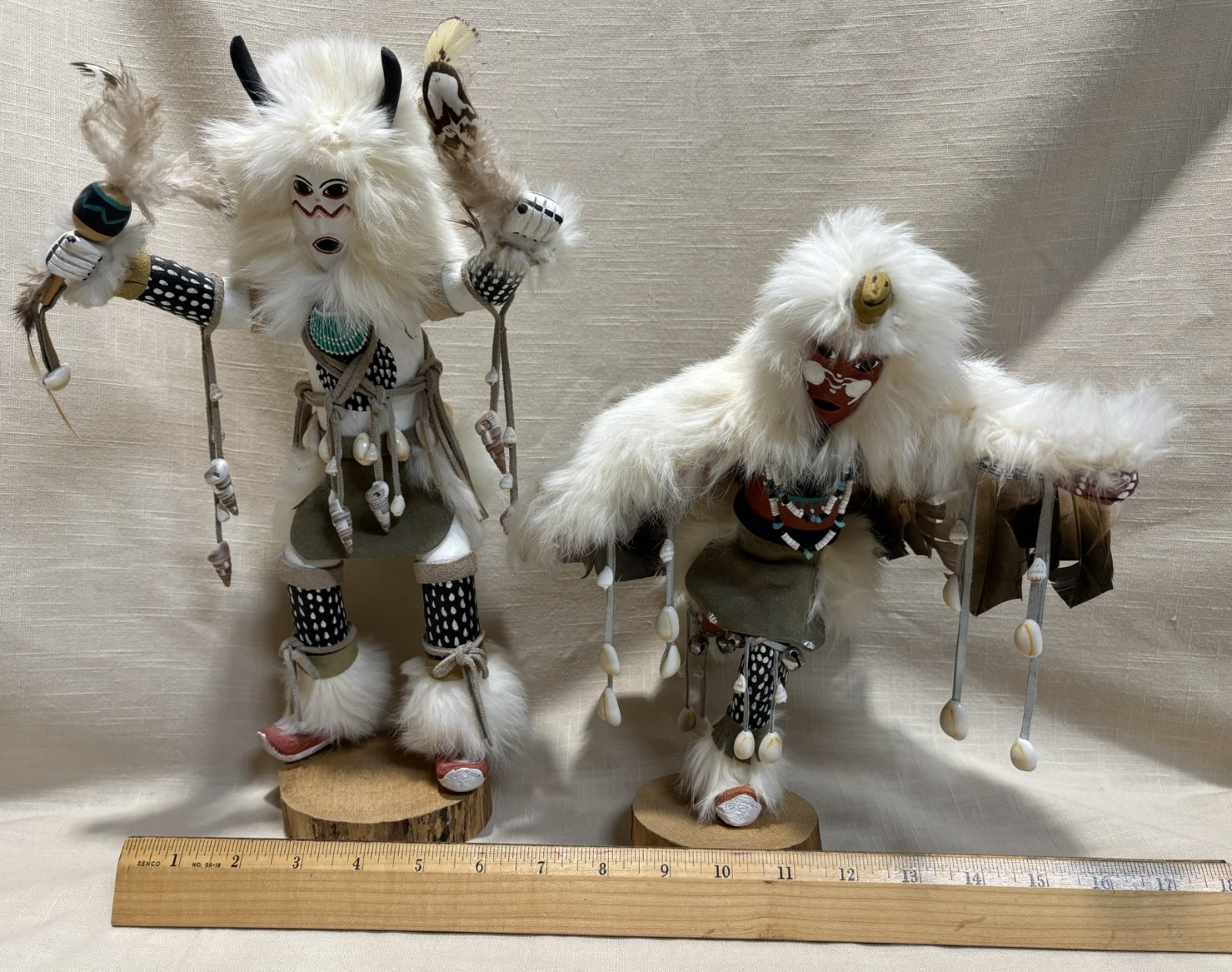 Kachina Sculptures Buffalo & Eagle Dancer 11-14" Handmade Feathers & Fur Signed