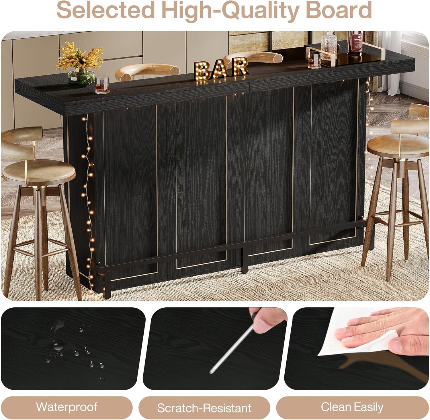 70.9-Inch Black Bar Table, Large Wooden Home Bar Unit Table for Small Spaces