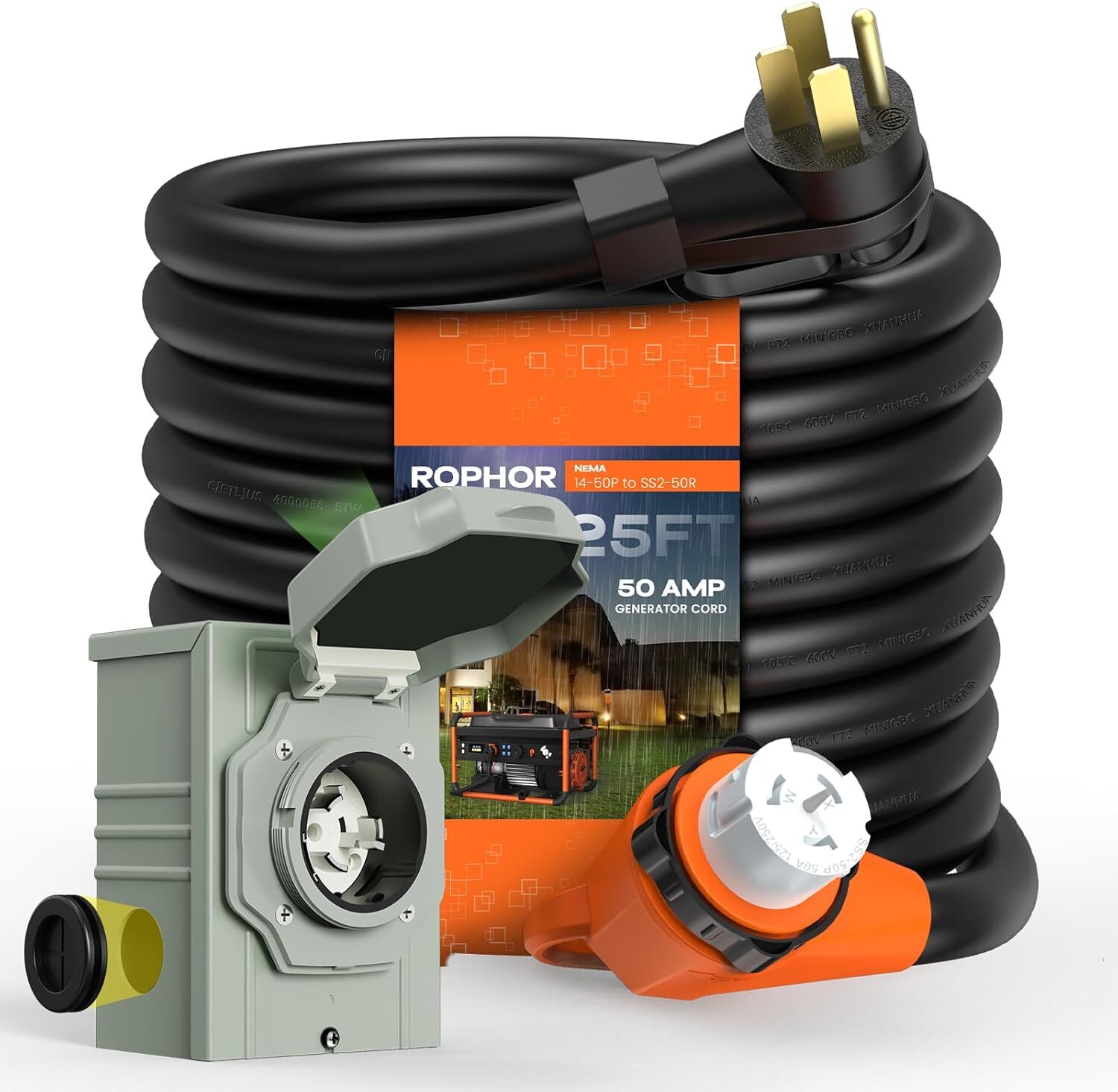 50 Amp 25FT Generator Cord and Waterproof Power Inlet Box Combo Kit ETL Listed
