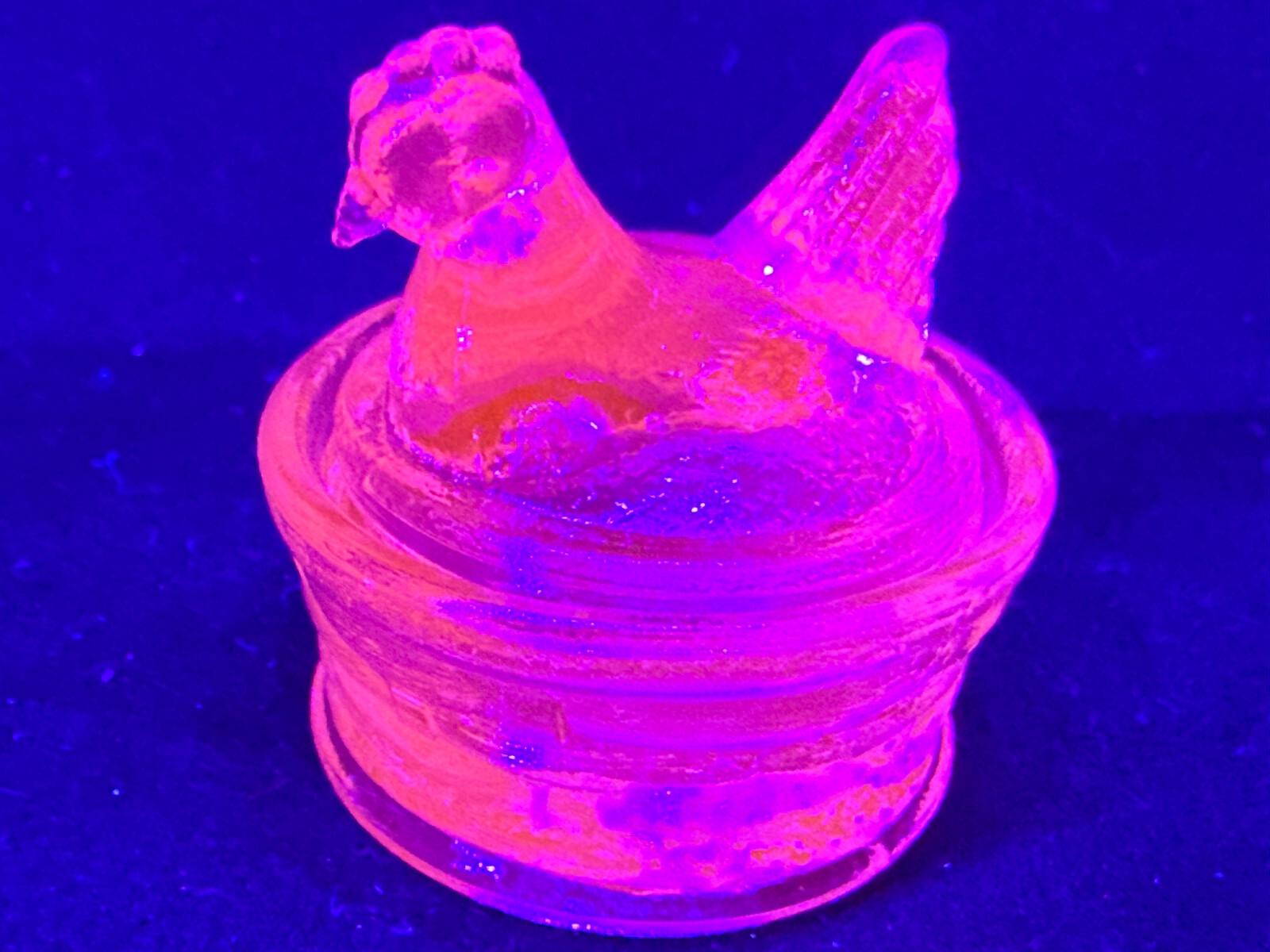Blue Vaseline uranium glass Hen Chicken on nest basket eggs / salt cellar orange