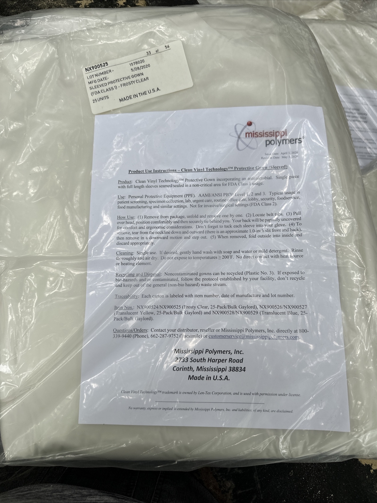 Case of 25 Mississippi Polymers Sleeved Vinyl Protective Gown Translucent/clear