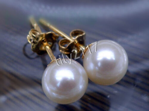 PERFECT AAA++ NATURAL REAL WHITE ROUND PEARL STUD EARRINGS 14K GOLD