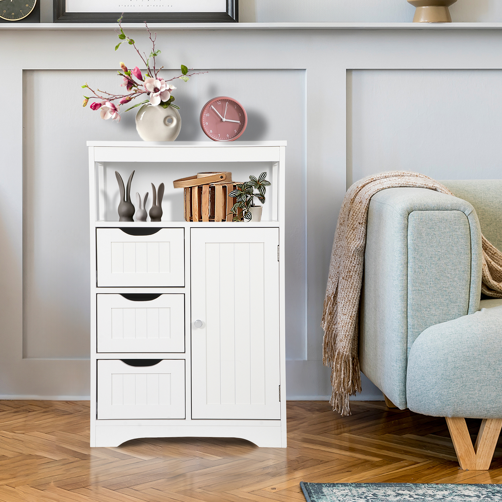 Bathroom Floor Cabinet Storage Organizer Adjustable Shelf with 1 Door 3 Drawers