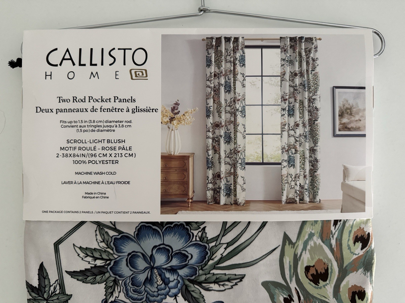 CALLISTO Window Curtains 2 Panels 38” X 84" Peacock Birds Drapers Back Top Ivory