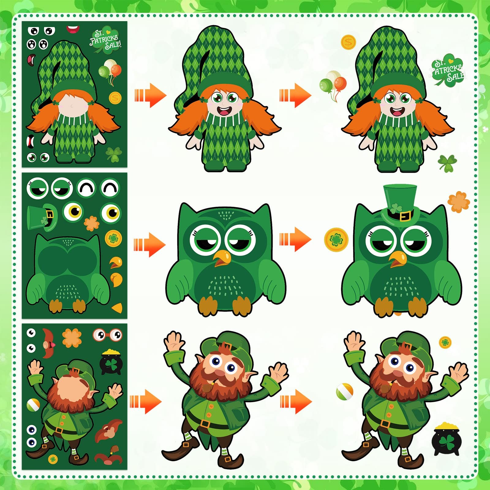 St.Patrick's Day Stickers for Kids, 48pc Shamrock & Face Stickers, DIY Crafts fo