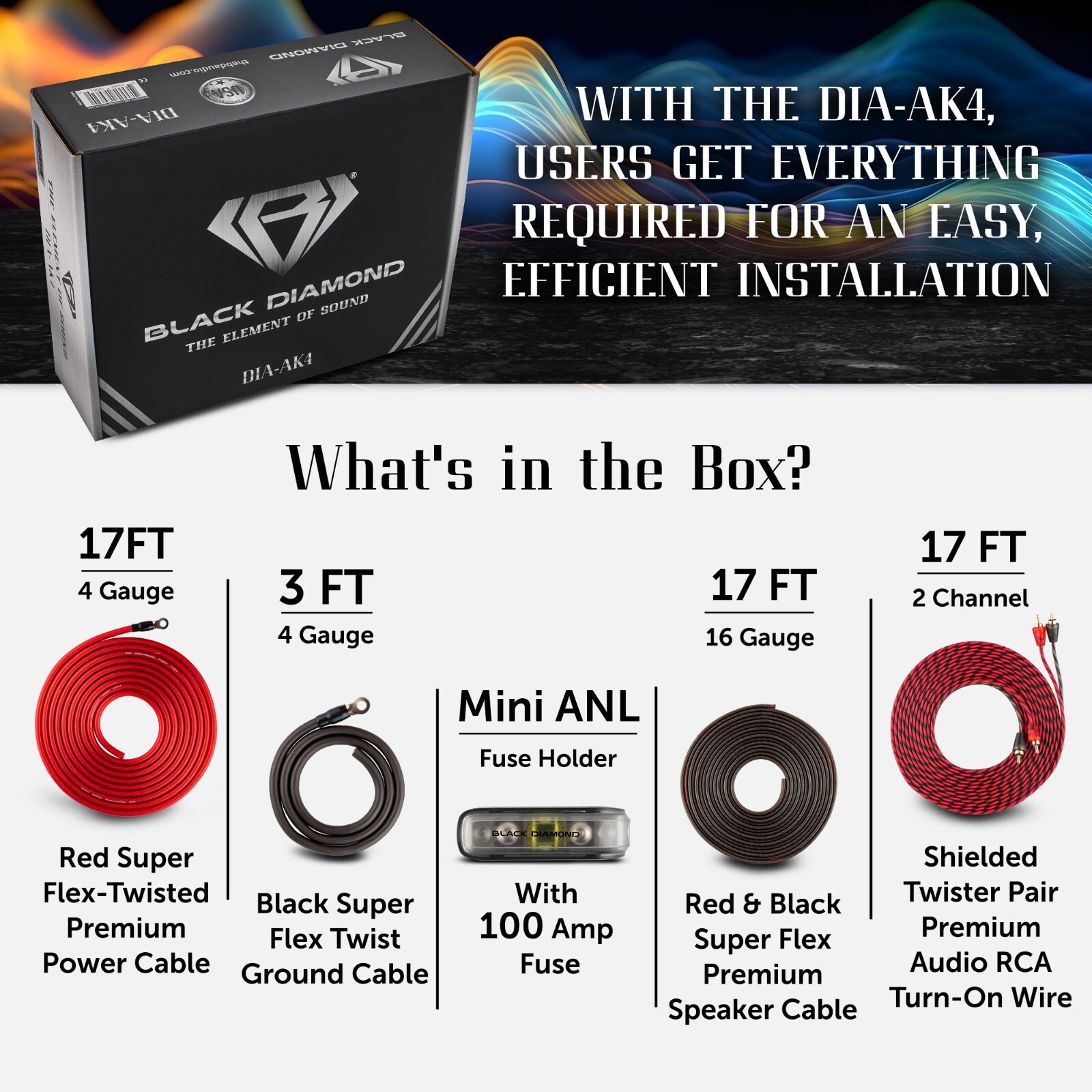 Black Diamond DIA-AK4 Amplifier Wiring Kit 4-GA (Up to 1680W), Amp Wire Kit