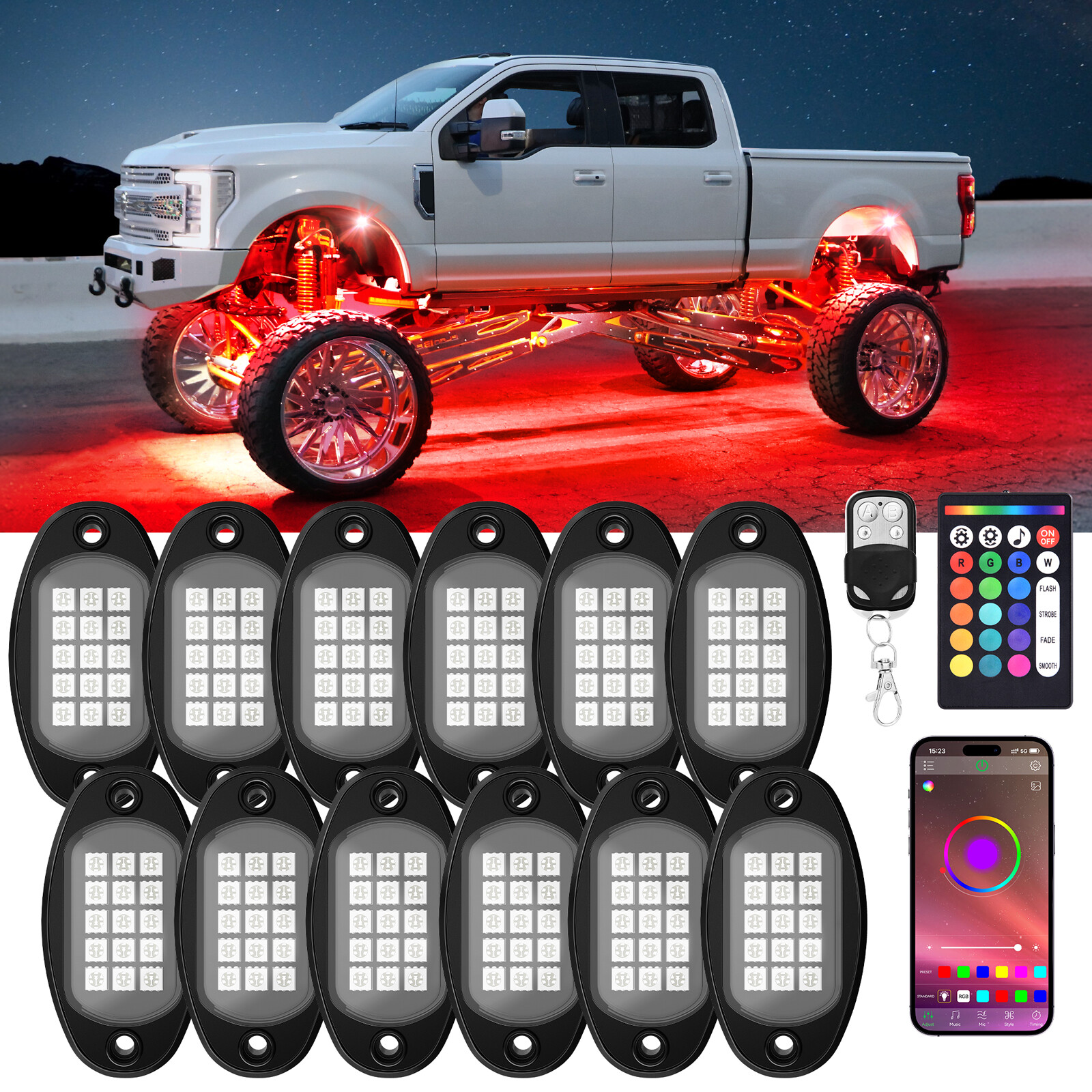 12 Pods RGB LED Rock Lights, 3 Control Way Bluetooth Remote & Fob Underbody Lamp