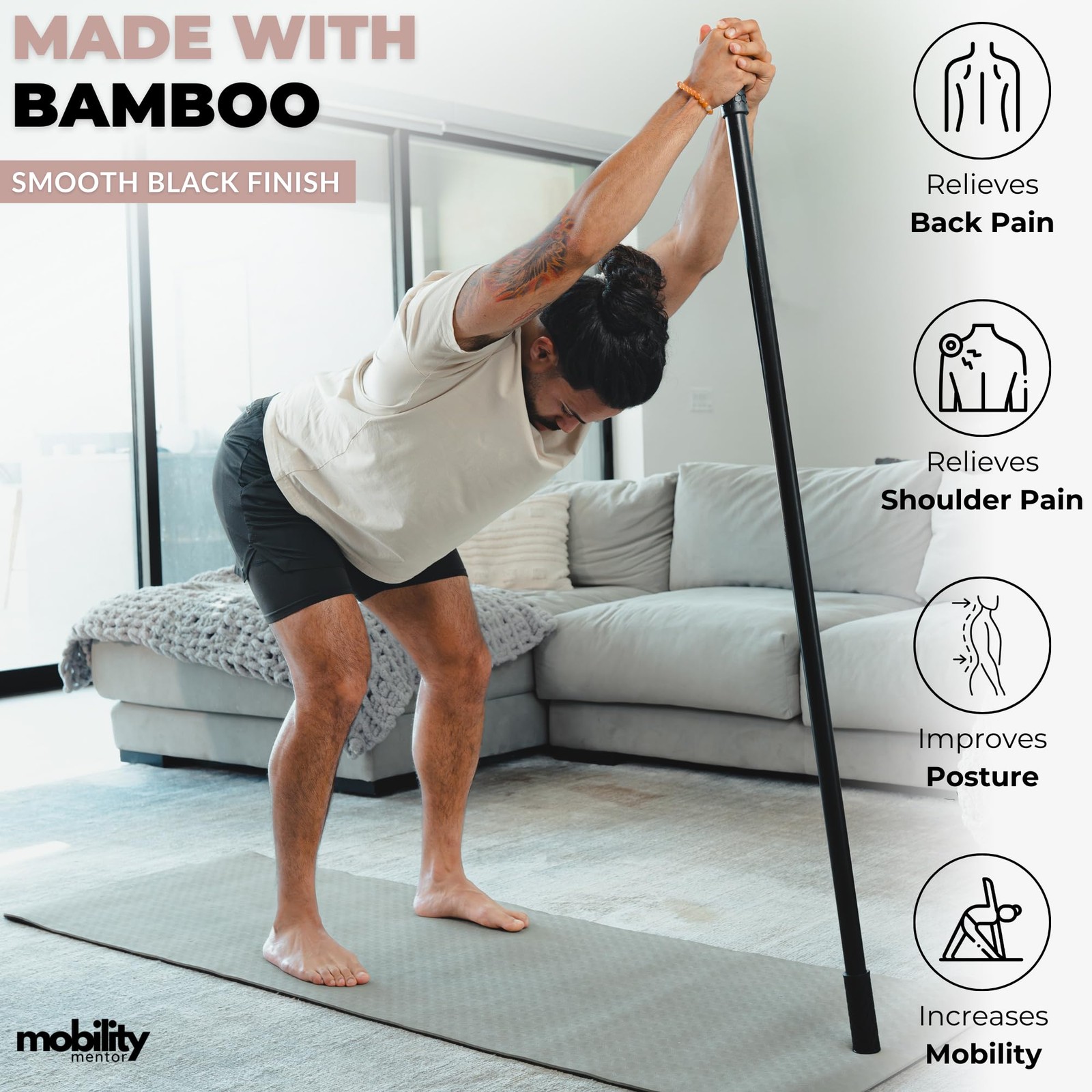 Mobility Mentor Yoga Stick - Mobility Stick - Large Bamboo Exercise Stick for...