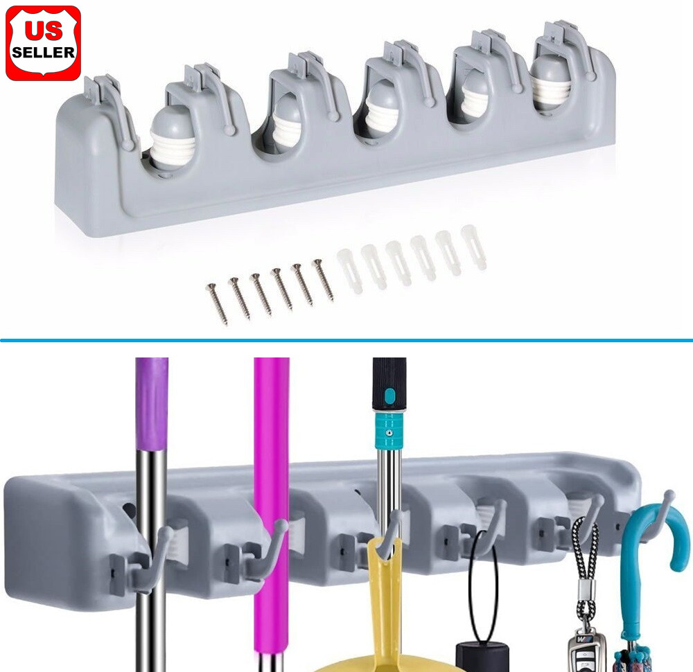 Broom Holder and Garden Tool Garage Organizer 5 Slots 6 Hooks for Rake Mop Wall
