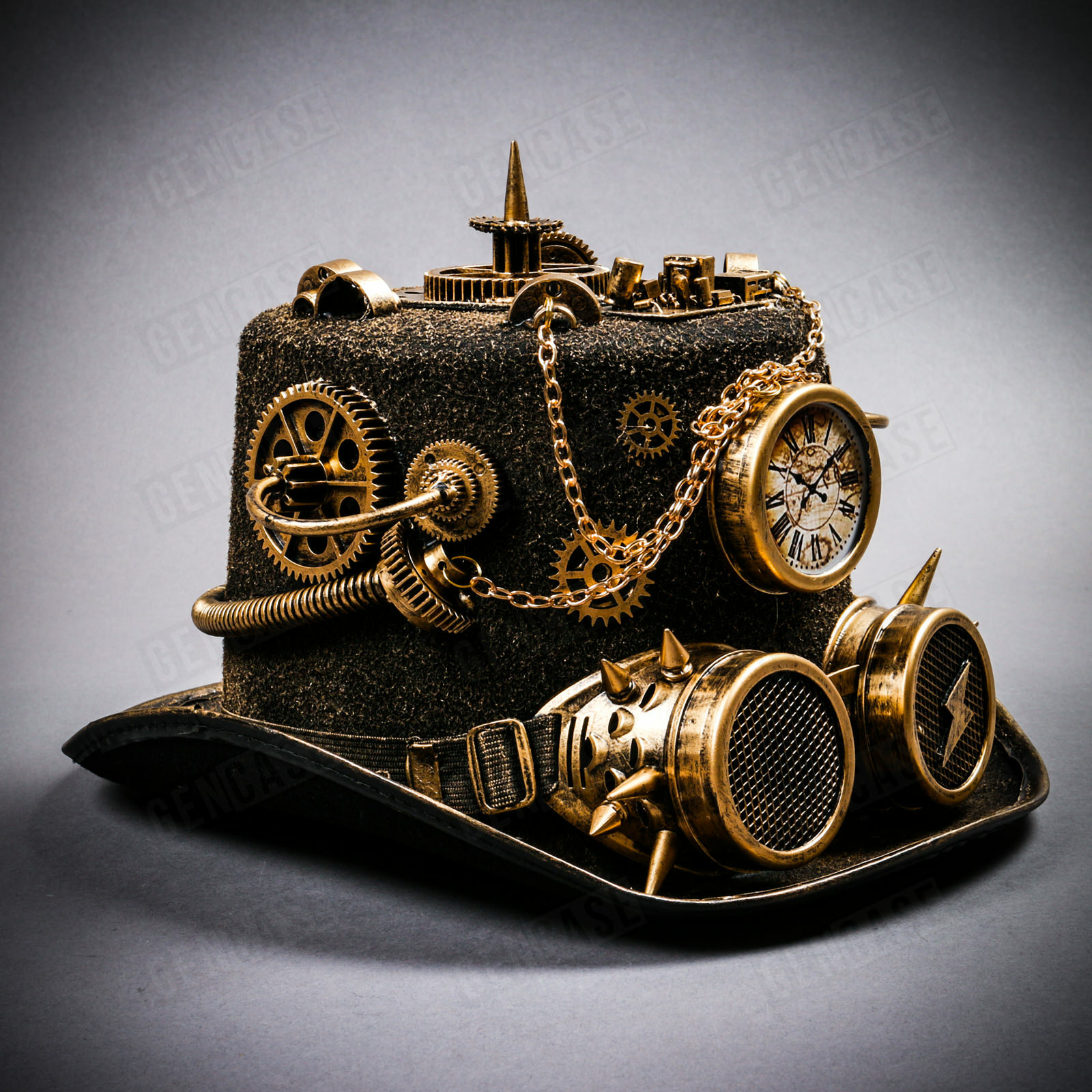 NEW Black Gold Gothic Top Hat Halloween w/ Clock Spike Costume Steampunk Goggles