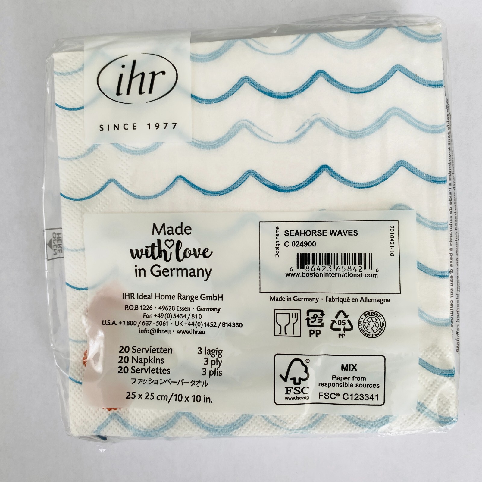 IHR Cocktail Napkins 3-Ply Paper Napkin 20-Count Coastal Seahorse Waves