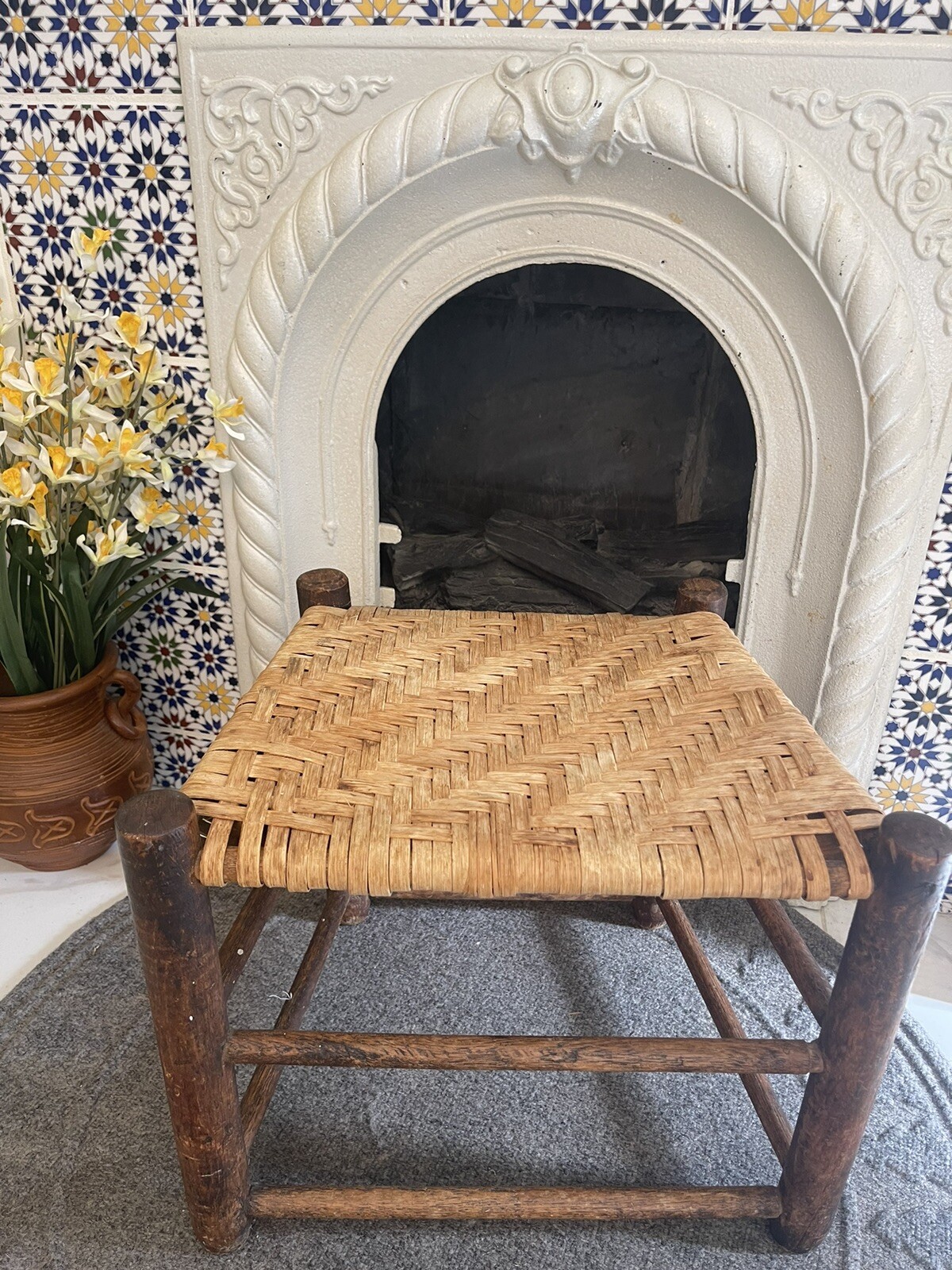 Vintage Oak Footstool Stool Ottoman With Trapezoid Woven Rush Top Handmade