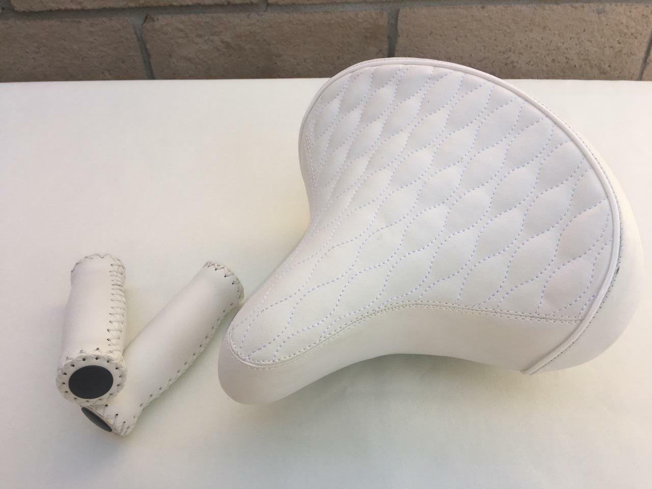 Beach Cruiser Bike Diamond Saddle Seat *WHITE w/Springs +Grips Handlebar Comfort