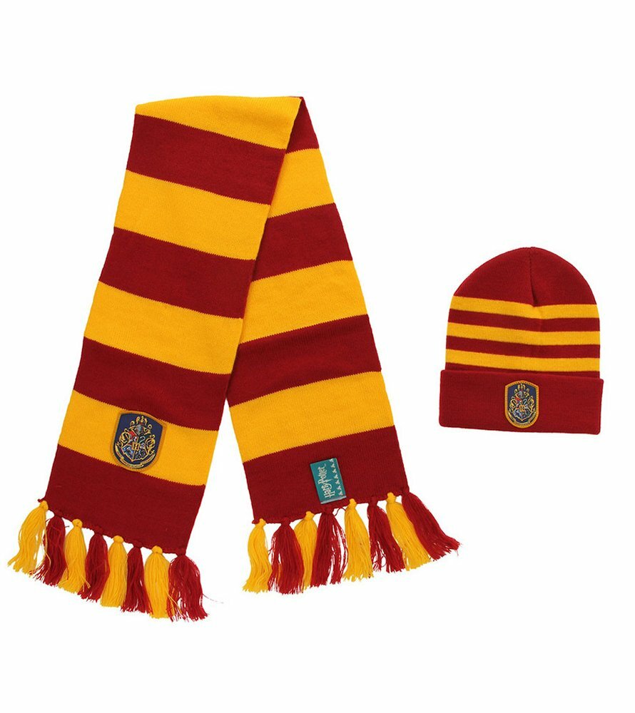 Harry Potter HOGWARTS KNIT HAT SCARF SET Red Yellow Gryffindor Hermione LICENSED