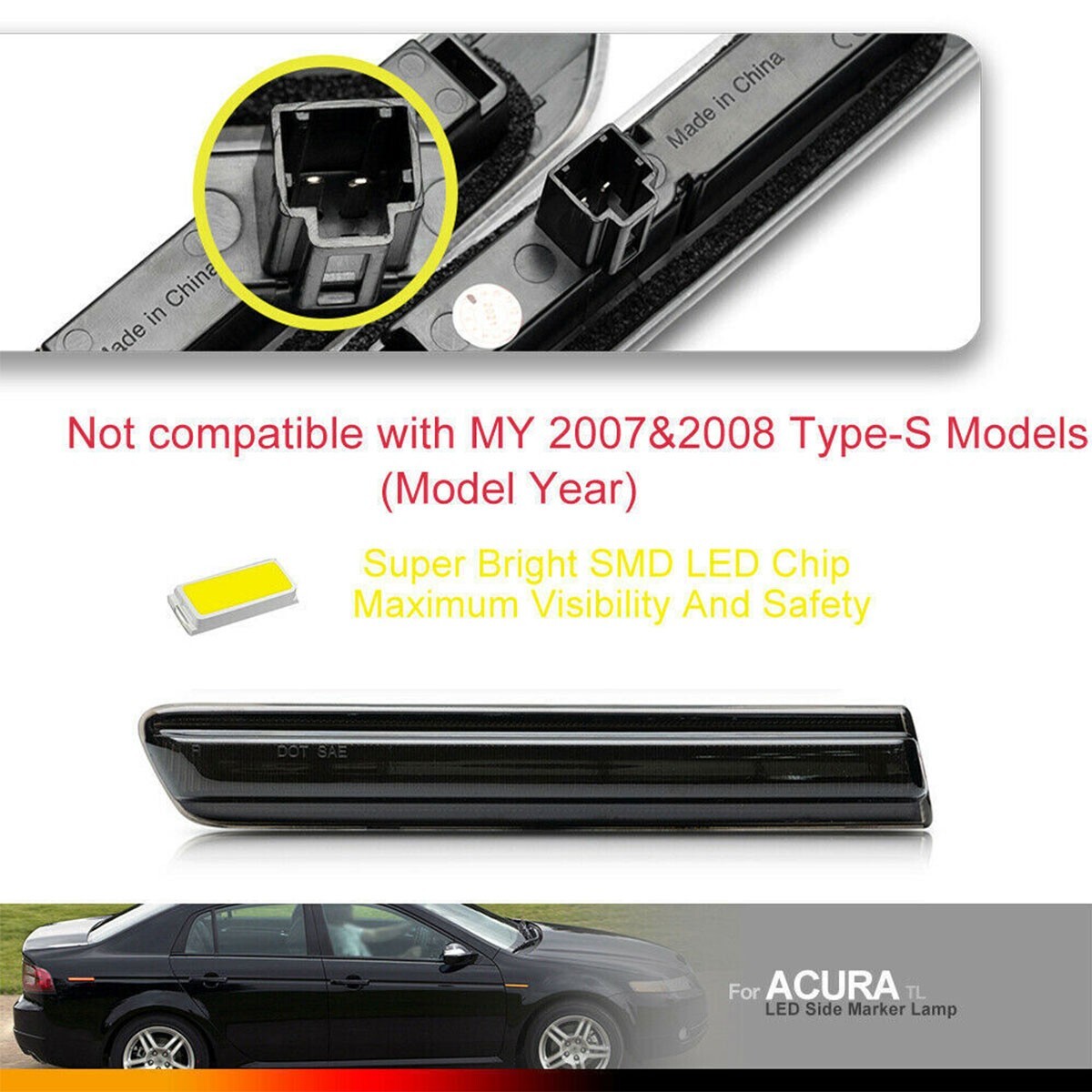 4PCS For 2004-2008 Acura TL Smoked Lens LED Front Rear Fender Side Marker Lights