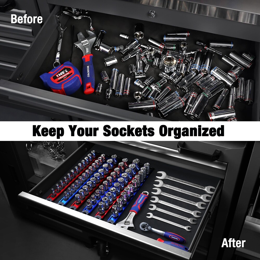 WORKPRO Magnetic Socket Organizer Sets 6-Piece Aluminum Alloy Socket Rail Holder