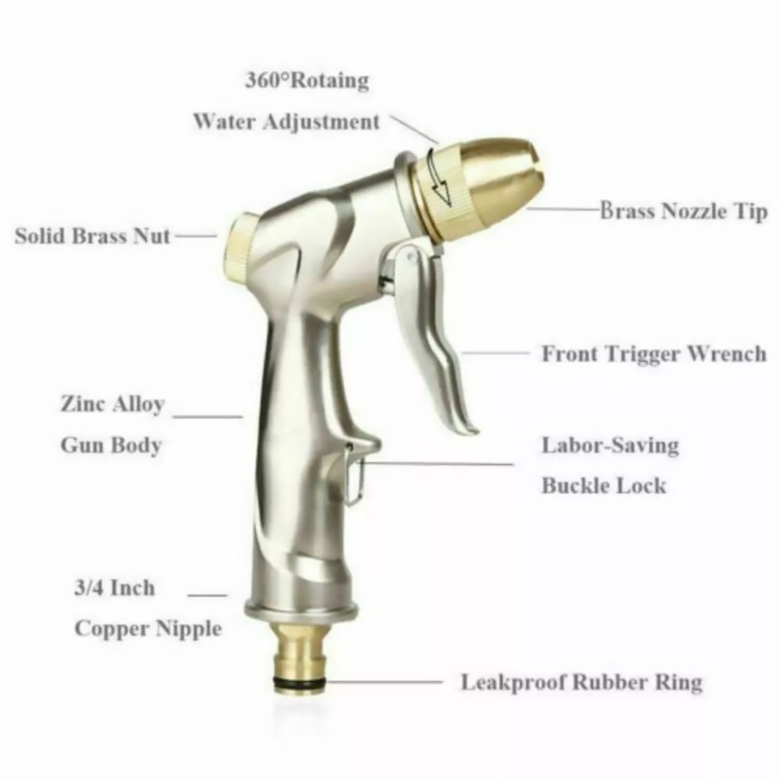 Garden Hose Nozzle Sprayer Heavy Duty Metal High Pressure Water Silver