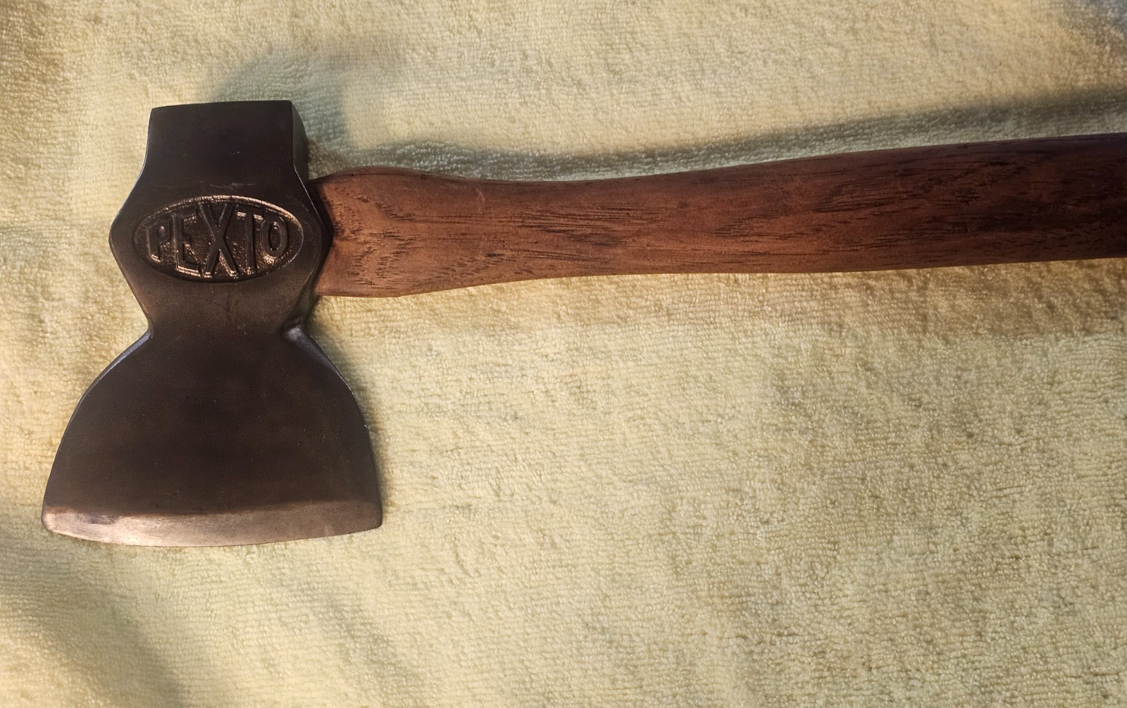 Antique embossed PEXTO broad carpenter hatchet axe