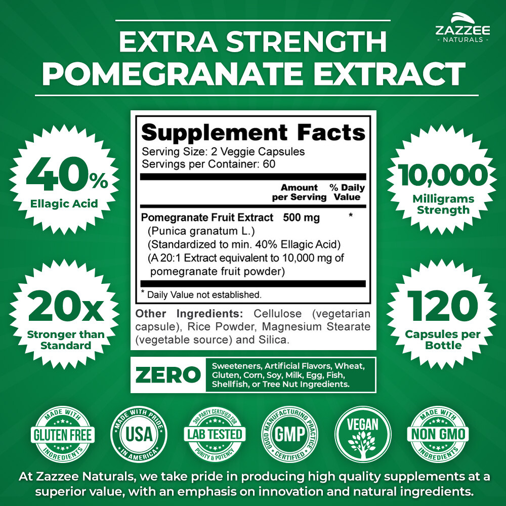 Extra Strength Pomegranate 20:1 Extract 40% Ellagic Acid, 500 mg, 120 Vegan Caps