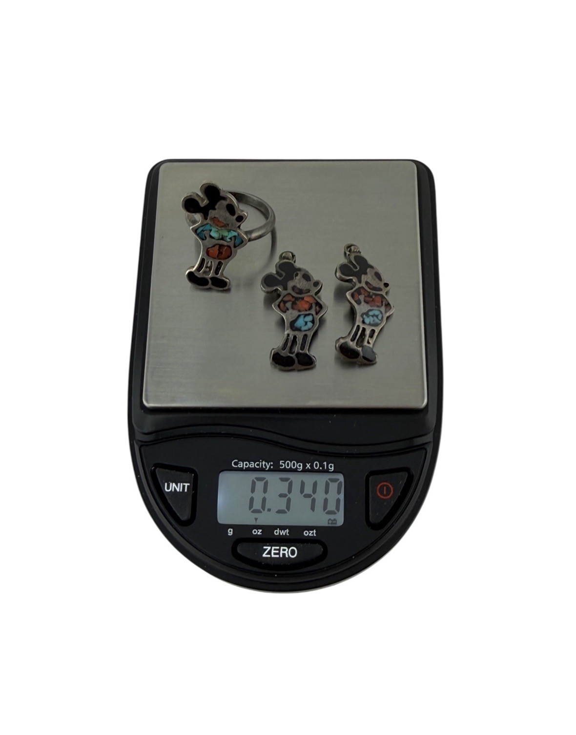 Vintage Mickey Mouse Sterling Silver Onyx/Coral Turquoise Ring & 2 Pendants