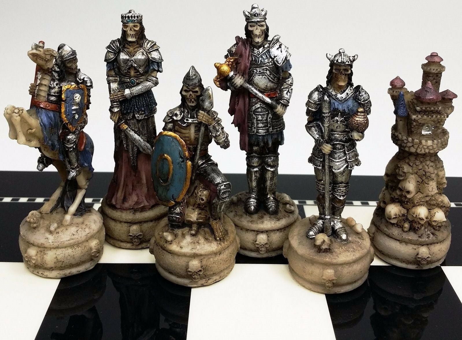 Skeleton Slayer Gothic Fantasy Skull Chess Men Set Hand Painted - No Board