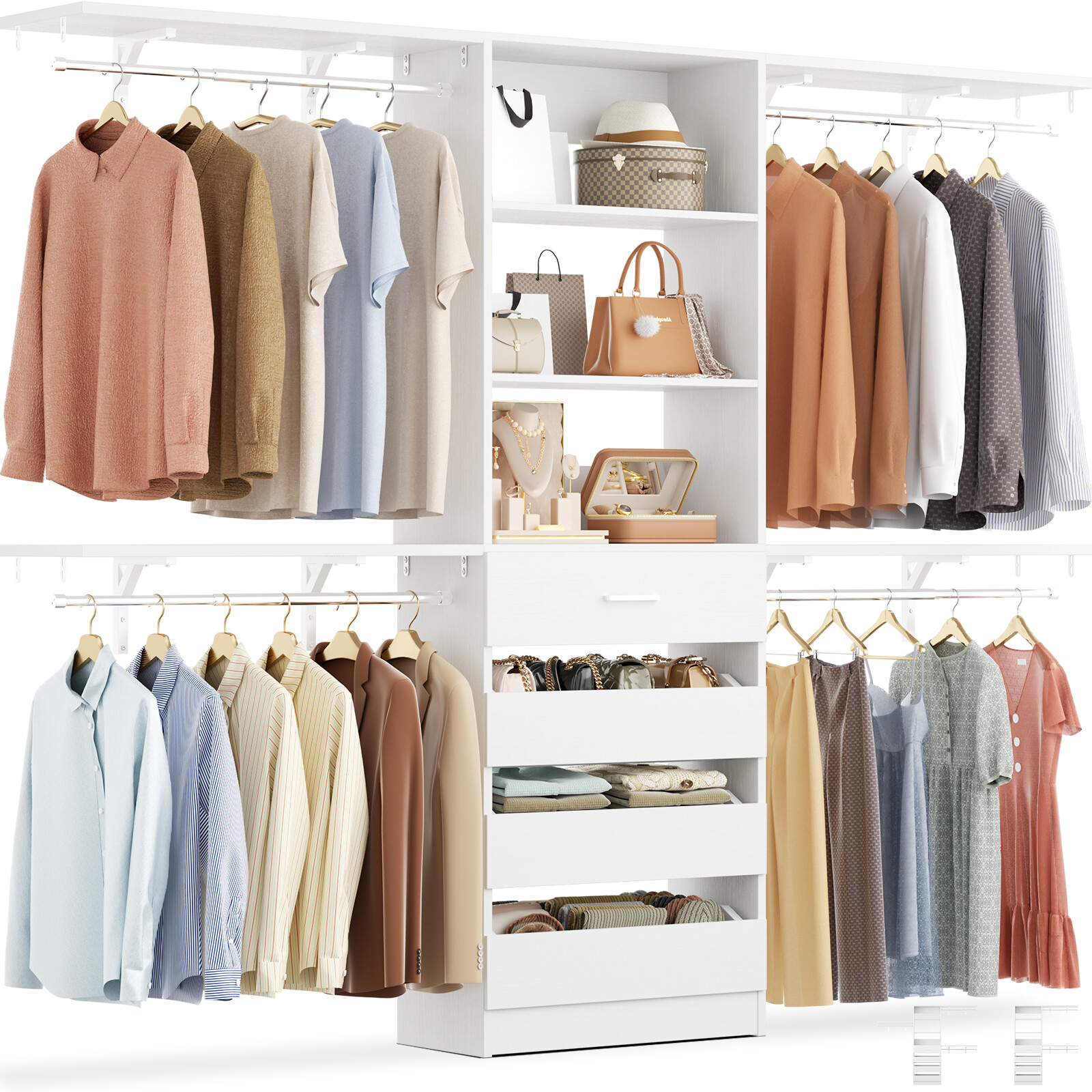 96'' Walk-in Closet Organizer System with 4 Drawers ＆ 4 Hanging Rods ＆ 4 Shelves