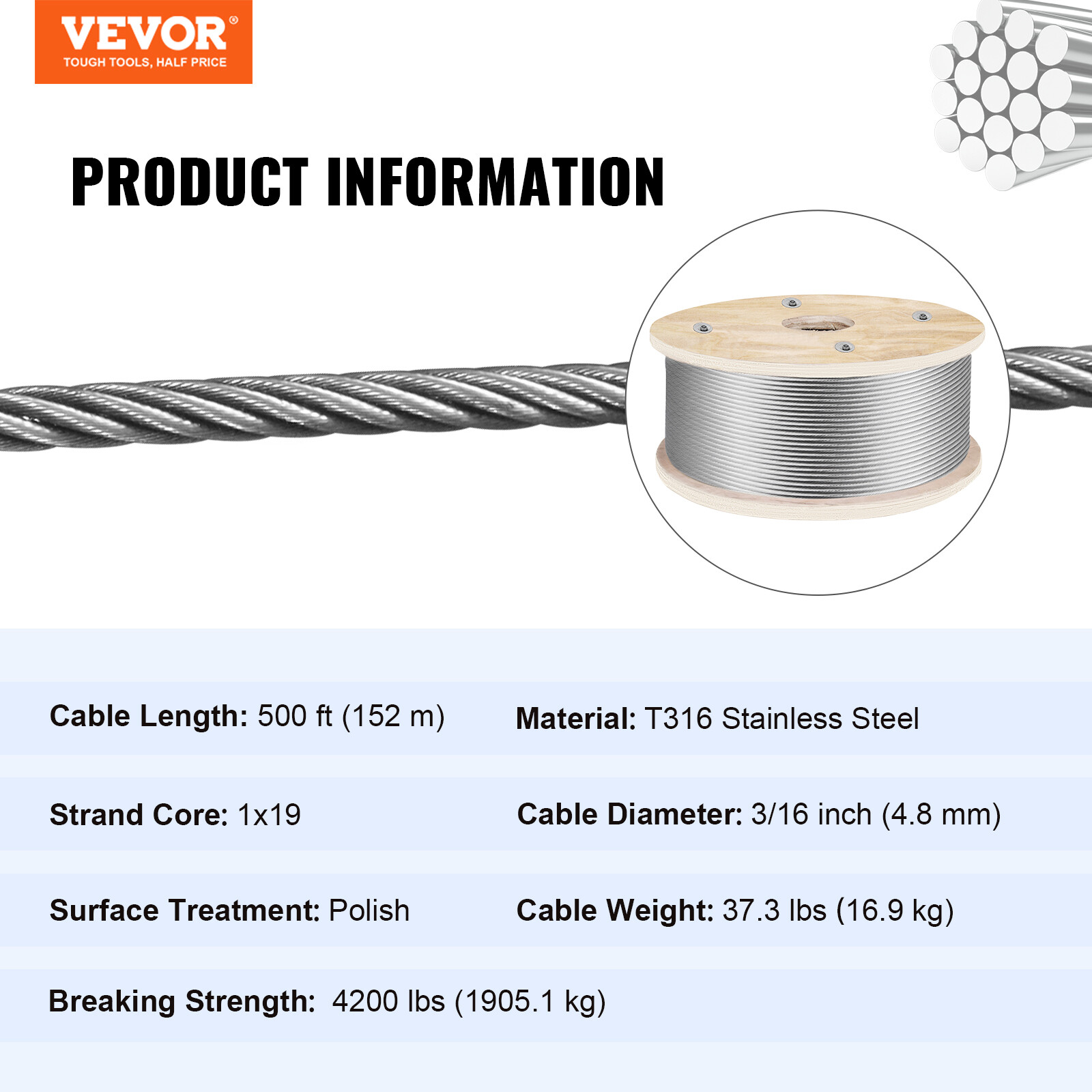 VEVOR T316 500Ft Stainless Steel Cable 3/16" Cable Railing Wire Rope Cable 1x19