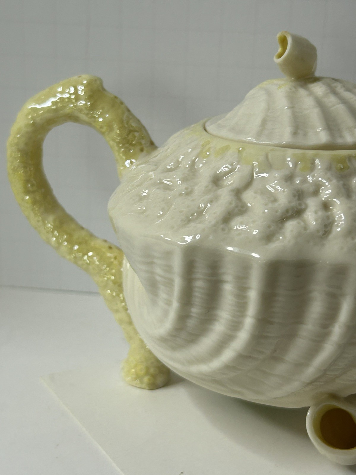 Antique Vintage Belleek Ireland Neptune Yellow Limpet Seashell Teapot w/ Lid