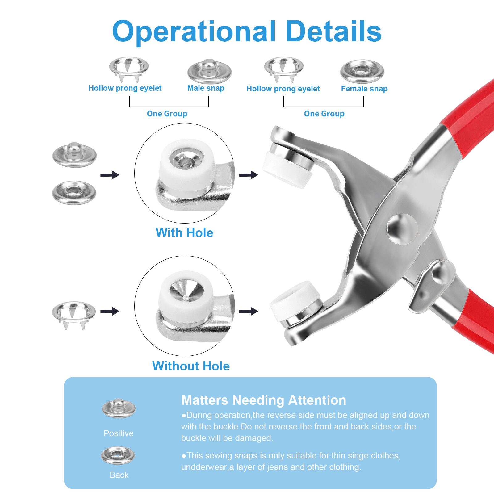 100 Set Snap Fastener Kit 9.5mm Press Studs with Pliers for Fabric Craft Clothes