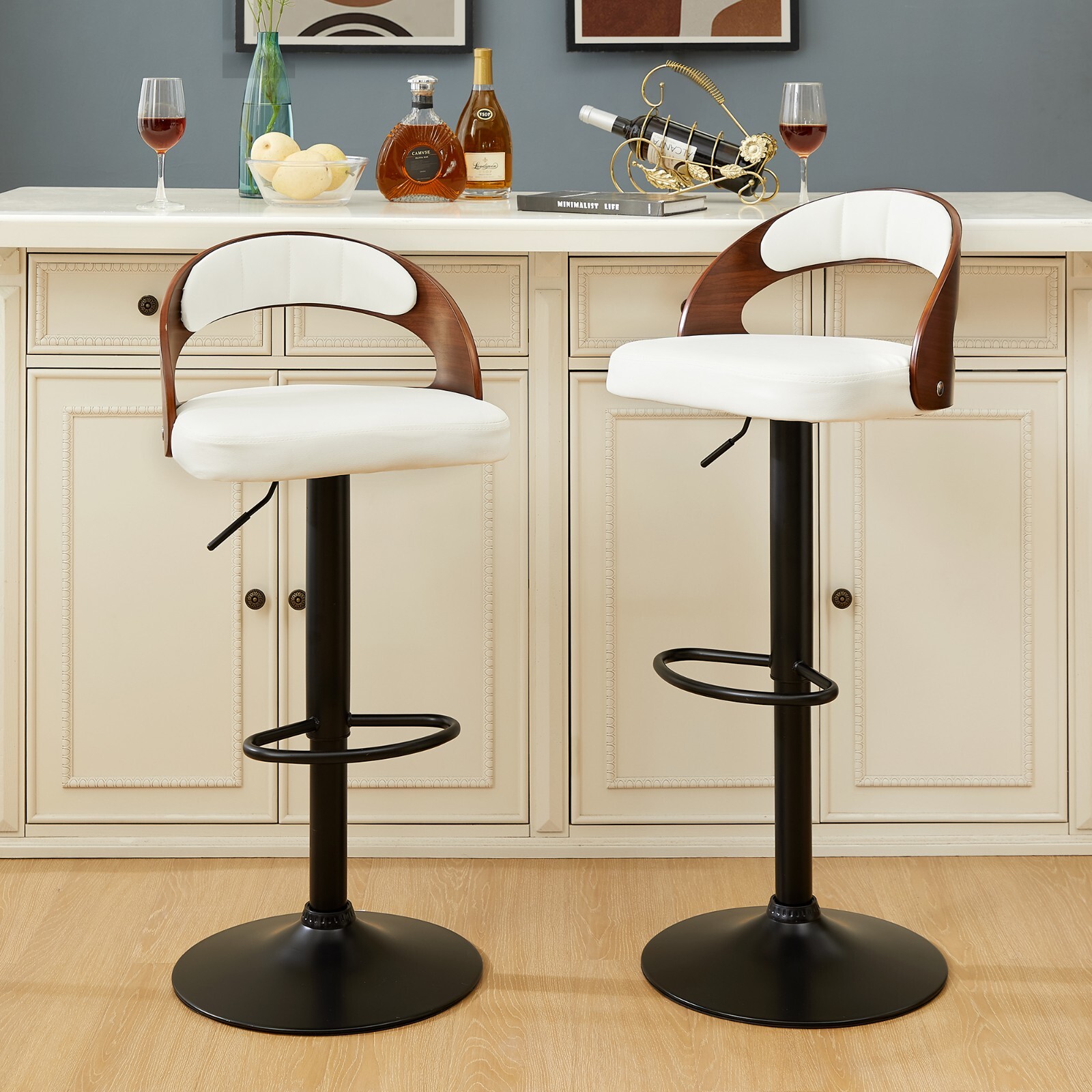 Bar Stools Set of 2 PU Leather Cushion Seat Adjustable Height Swivel Bar Chairs