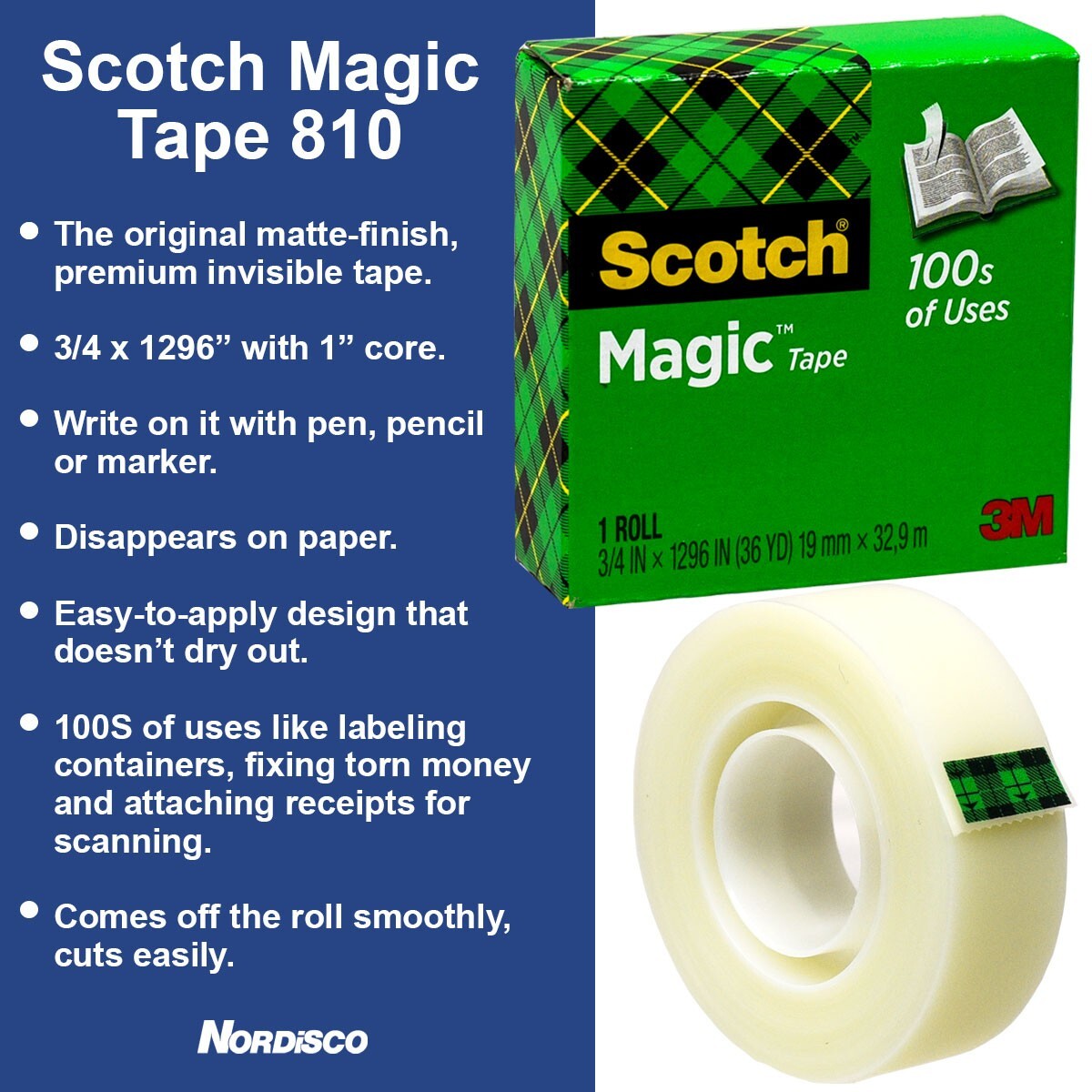 Scotch Magic Tape 810 3/4 x 1296" 2 Rolls of Tape Plus H127 Handheld Dispenser