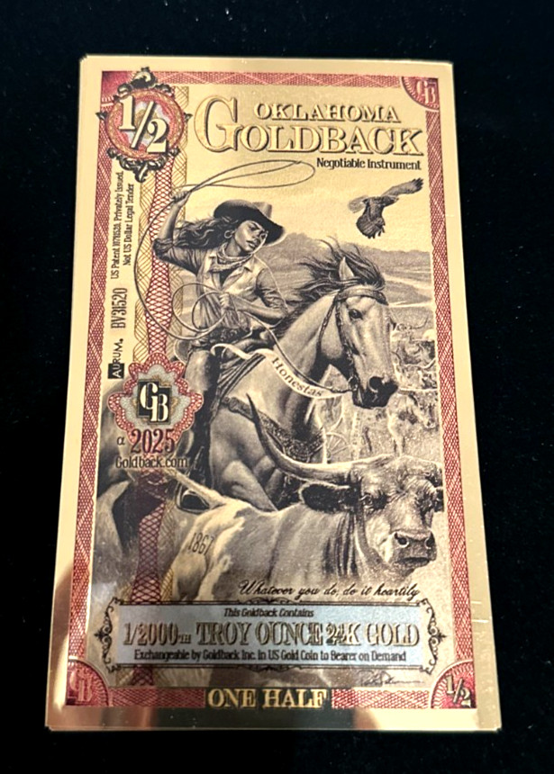 1/2 OKLAHOMA Goldback Aurum Gold Foil Note 1/2000 oz 24kt .999 Fine IN STOCK!!