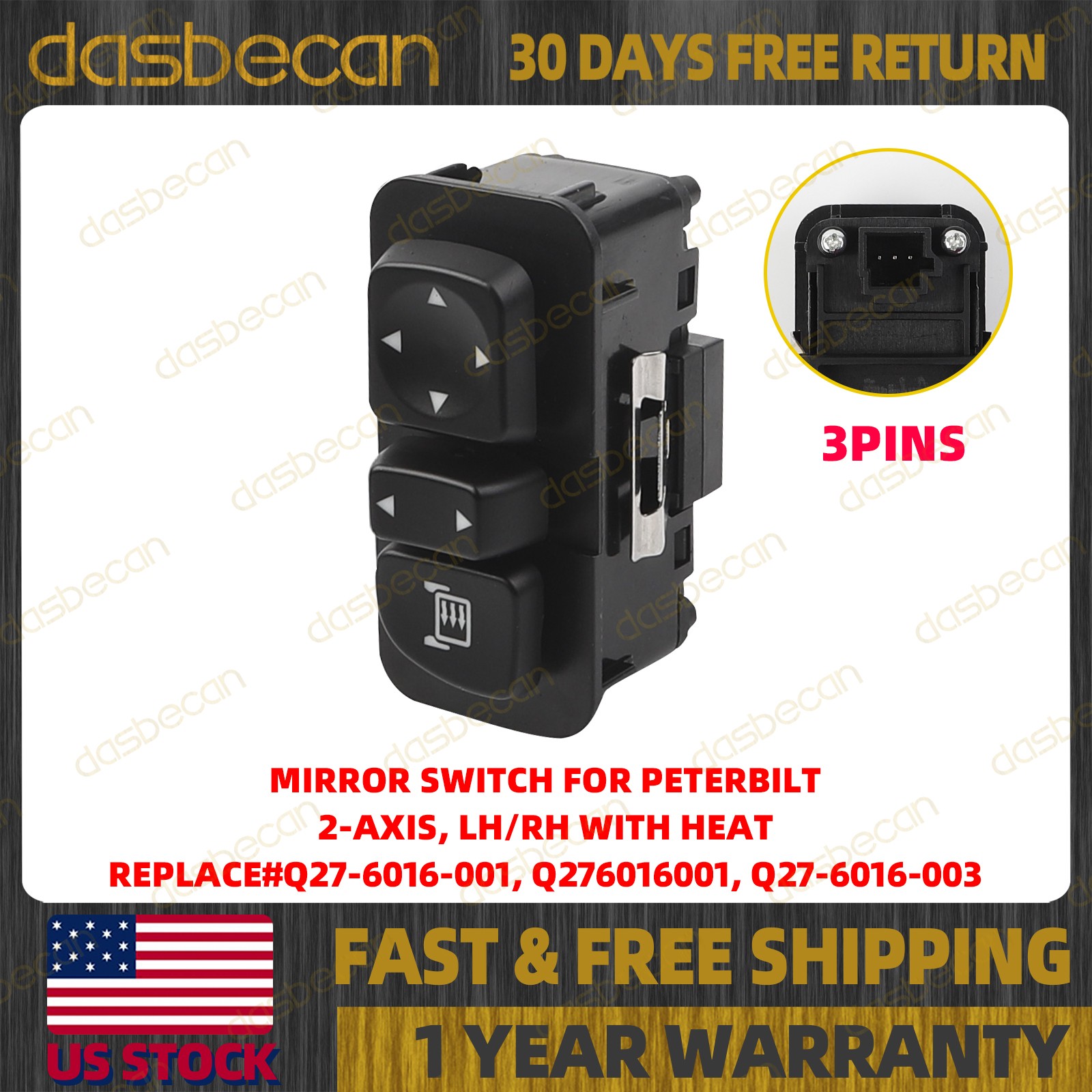 Door Mirror Left Right w/ Heat Mirror Switch For Peterbilt 2-Axis Q27-6016-001