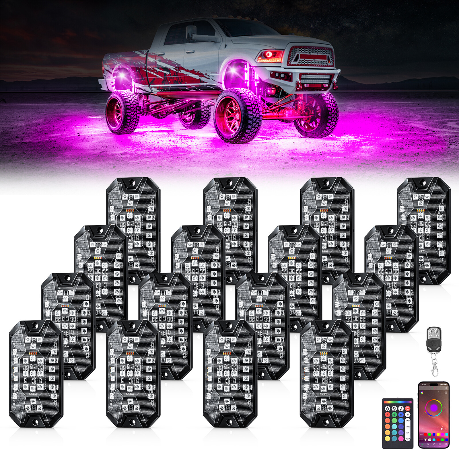 16-Pods RGBW LED Underglow Rock Lights for Trucks Cars, App & Remote Controller